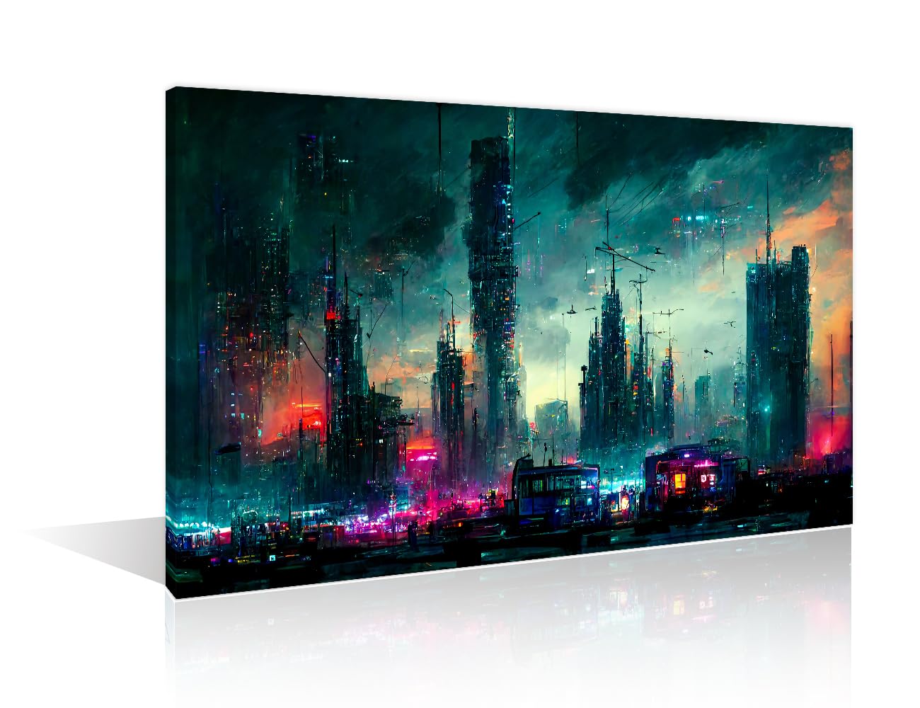 TISHIRON Neon Night in A Cyberpunk City Painting Wall Art 1 Pieces Modern Painting Cyberpunk City Skyline Canvas Paintings Rustic Home Decor Framed Ready to Hang (24" Wx36 H) — image 1