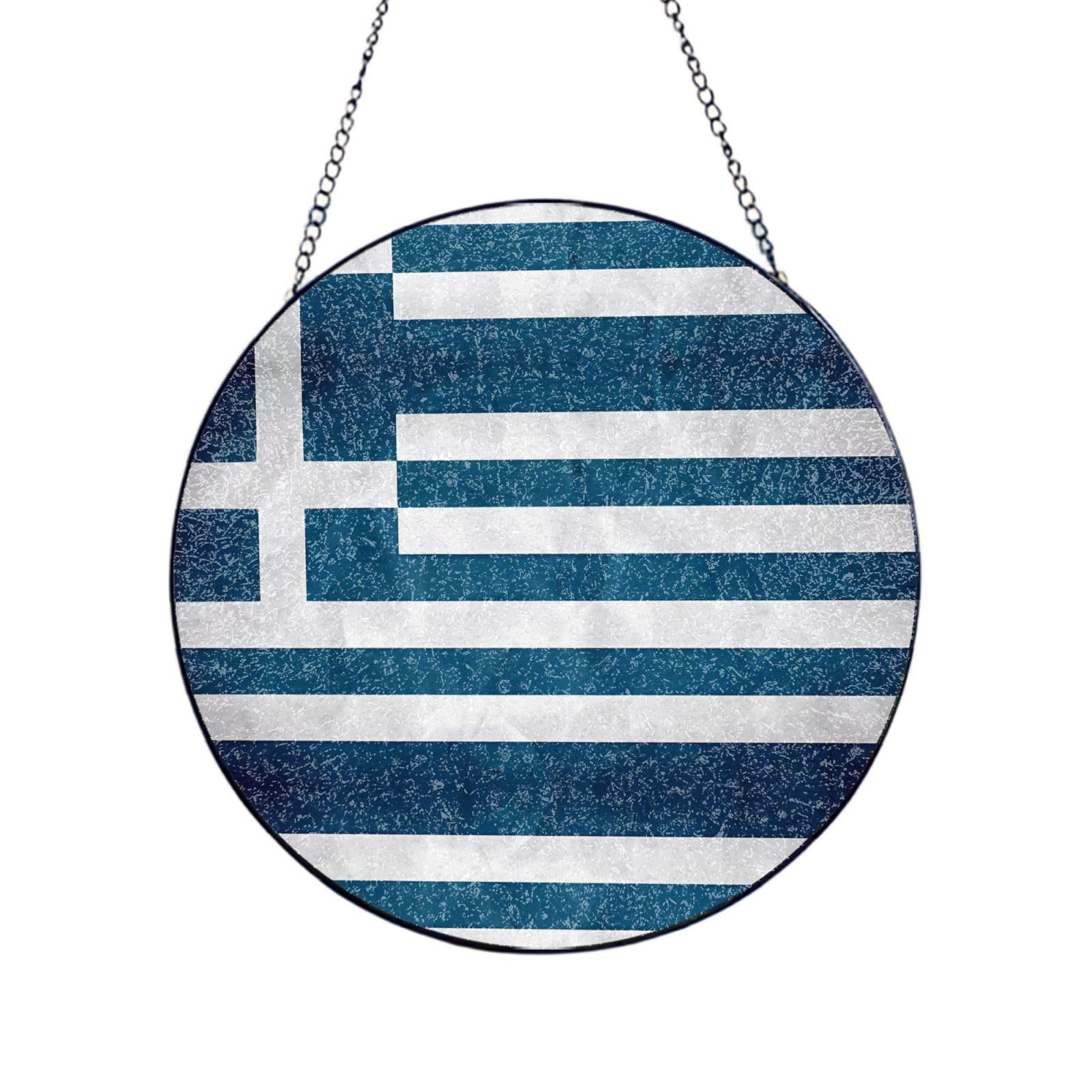 Poezjzw Stained Glass Window Hanging - Greek Flag Sun Catcher For Door Garden Home Decor Christmas Mother'S Day Birthday Gifts 10in（25cm）