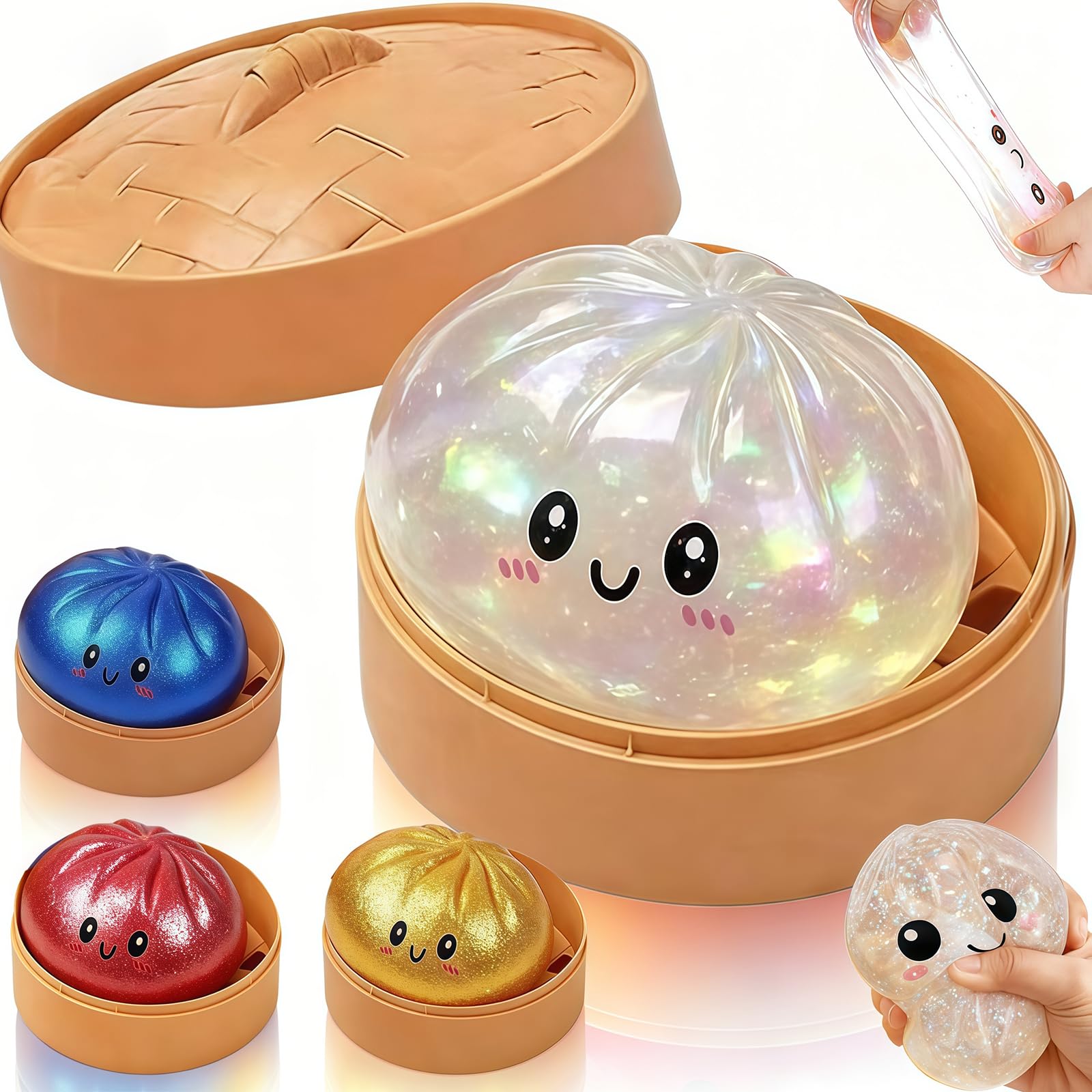 Oversized Dumpling Squishy Sensory Stress Ball, Giant Glitter Stretchy Dough Ball with Plastic Steamer Box for Calm & Relaxation, Iridescent White