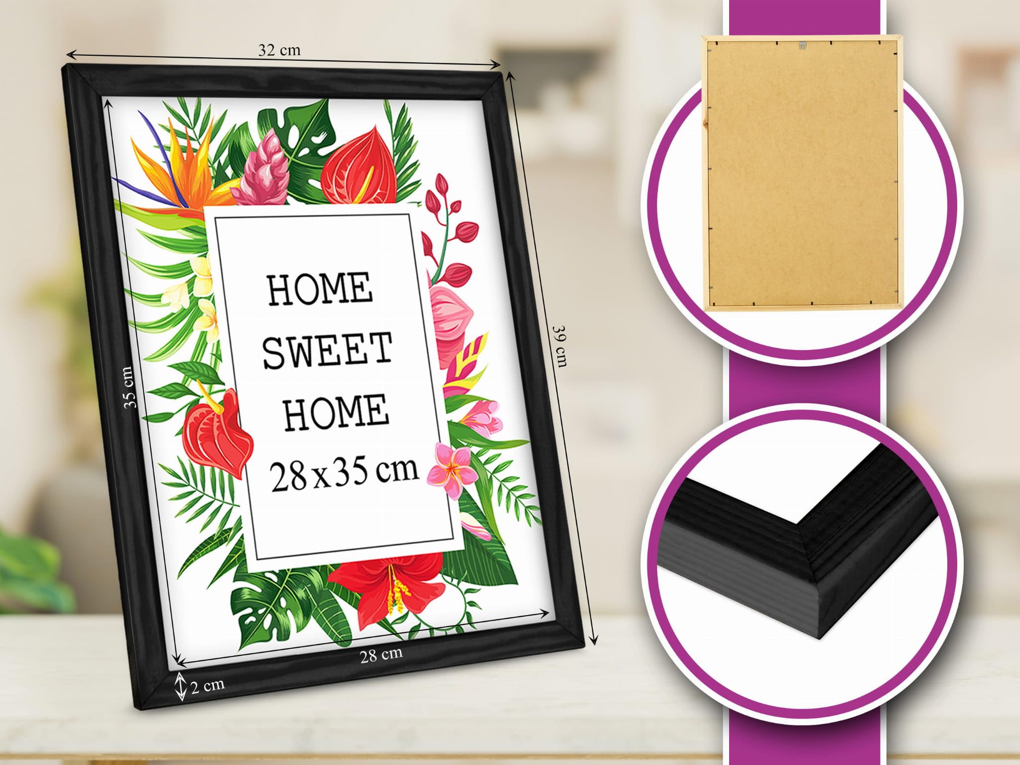 MG Design Cornice 28x35 cm - colore Nero, in legno, con vetro acrilico - da appendere in verticale o in orizzontale, senza sfondo, per foto, poster, puzzle