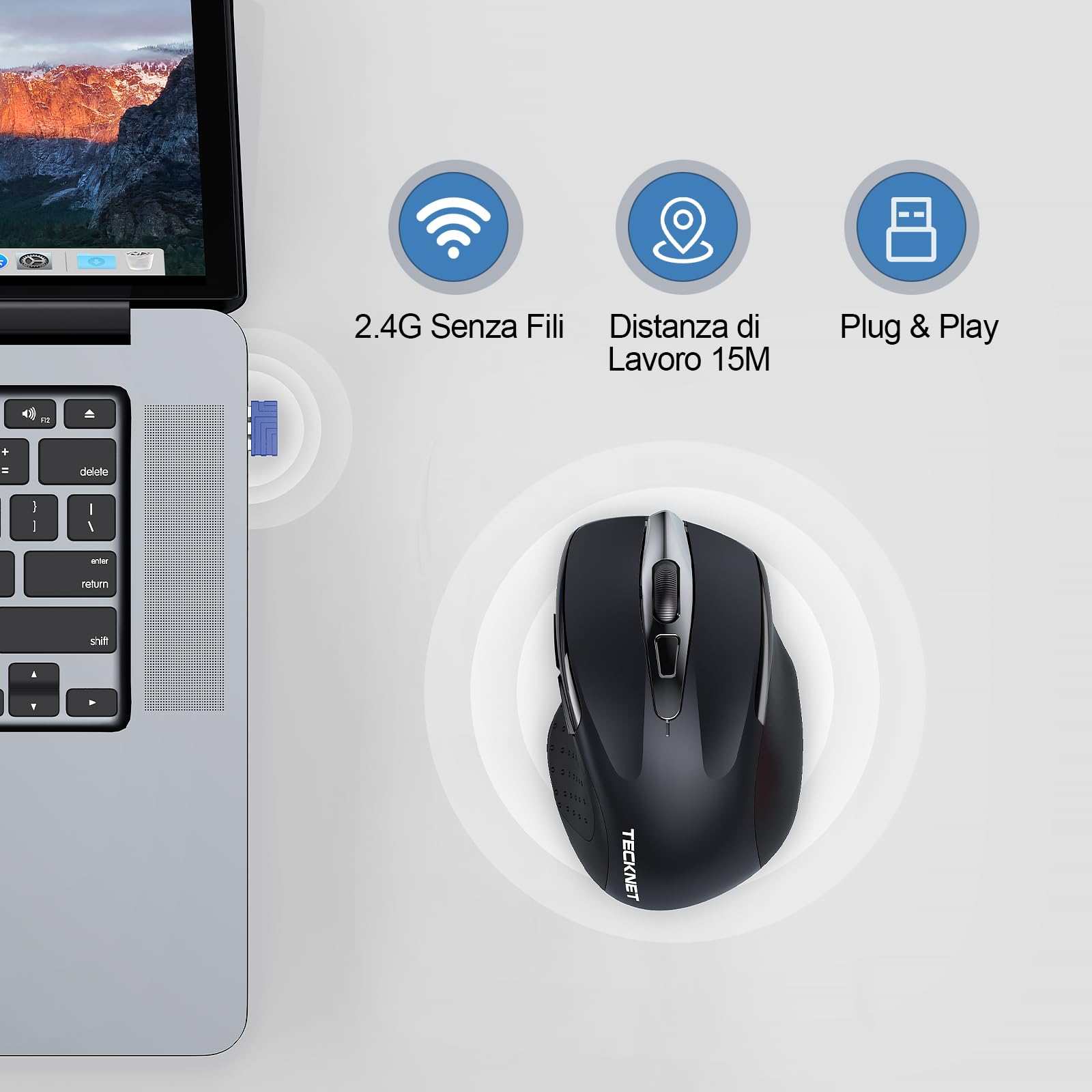 TECKNET Mouse Wireless Ricaricabile, Silenzioso Mouse Senza Fili, Riduzione Rumore Fino a 90%, 4800 DPI, 6 Pulsanti Mouse Ergonomico, 2.4G Mouse USB Compatibile con PC Portatile, Mac, Laptop