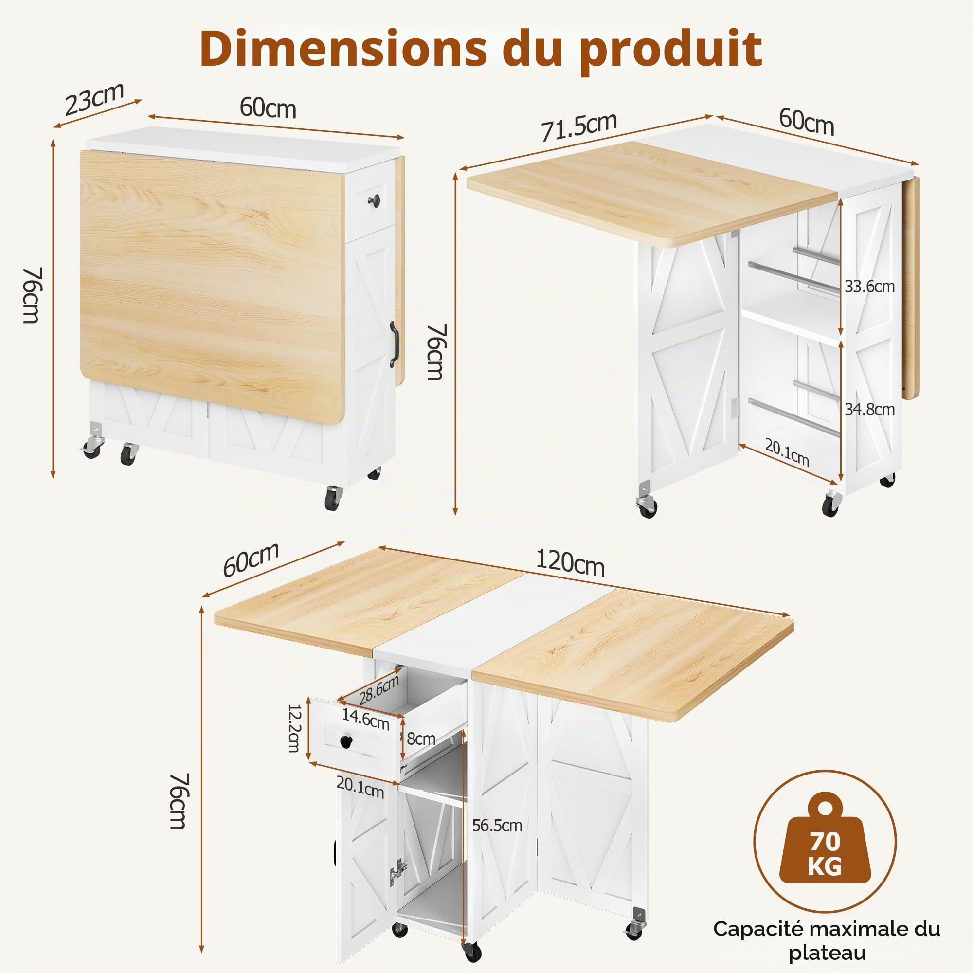 Jocoevol Table à Manger Pliante sur roulettes, Table De Cuisine avec Tiroir Et Espace De Rangement pour 2 À 4 Personnes, Idéale pour Petits Espaces, Salles À Manger Et Cuisines (Érable Blanc)