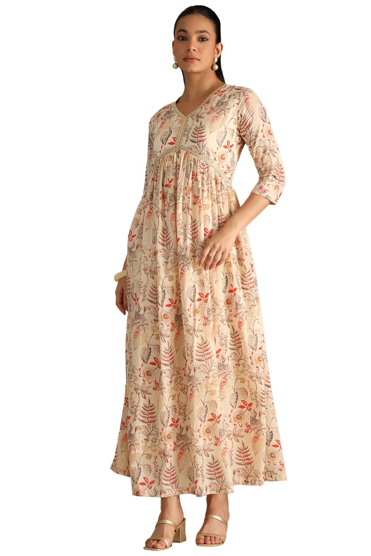 Womens Cream Cotton Floral Print Dress with Zari-image-27