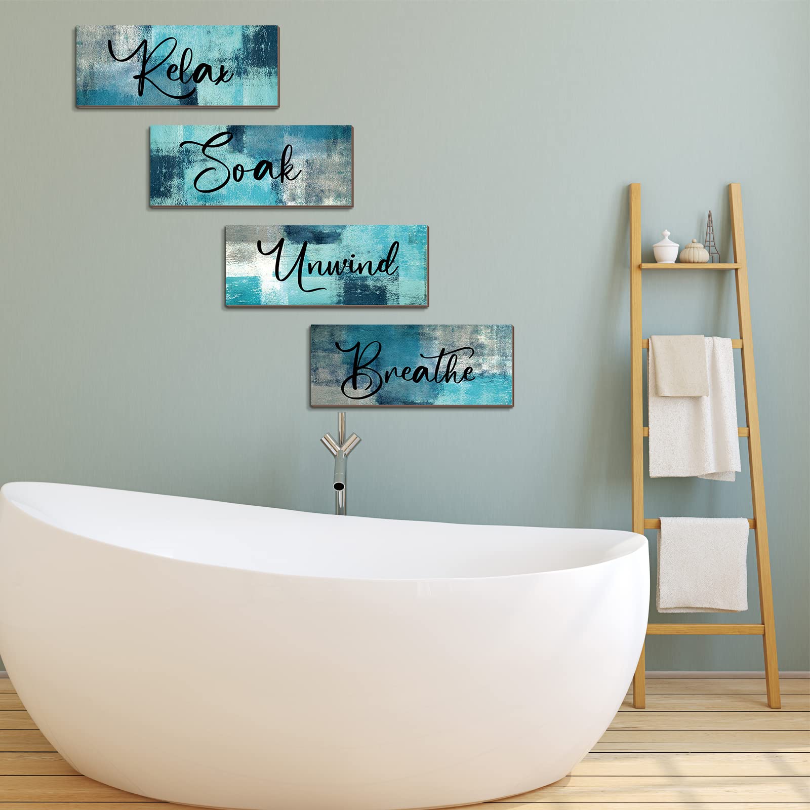 4 piezas de decoración de pared de baño de 10 x 4 pulgadas, arte contemporáneo de madera para baño, imágenes para remojar y relajarse, letrero colgante de spa, rústico, vintage, con frontones 7