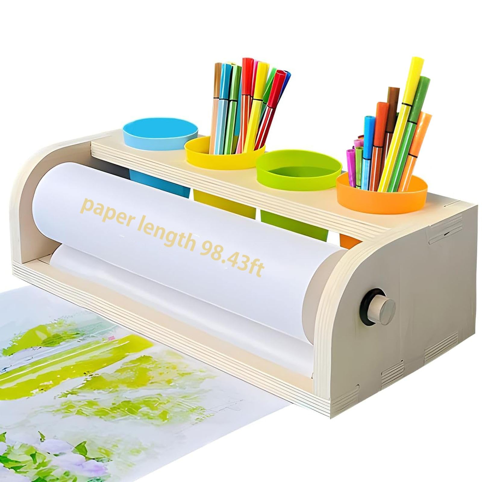 Wooden Tabletop Paper Roll Dispenser with Paper Roll 11.4inx98.4ft and Pencil Cups Craft Paper Roll Holder Art Paper Roll Dispenser for Kids Desktop Easel for Drawing