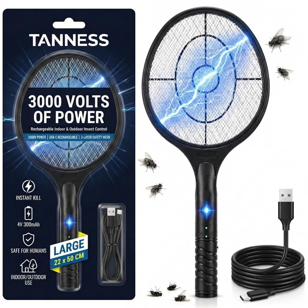 Tanness 1-Pack 3000V Rechargeable Electric Fly Zapper Racket, 22 x 50 cm, USB-C Charging, 4V 300mAh Battery, Indoor and Outdoor Use, 3-Layer Safety Mesh