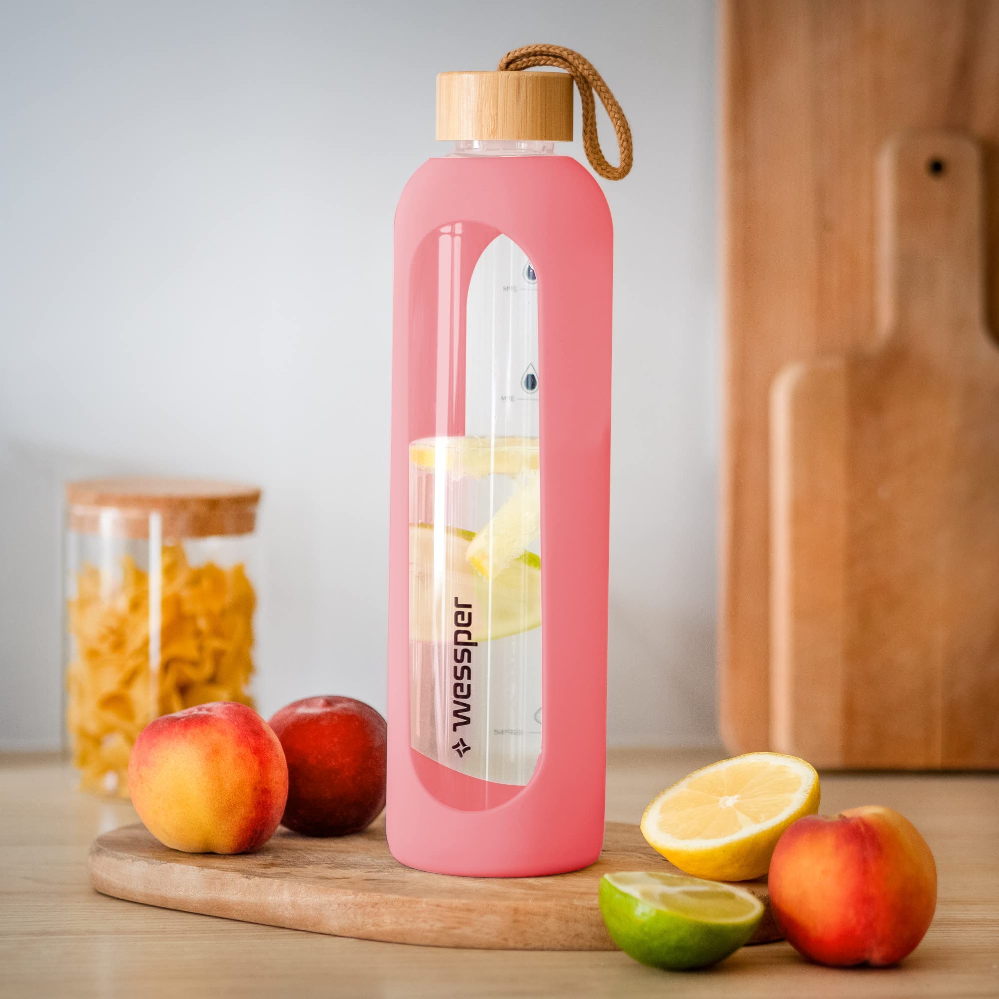 Glas-Wasserflasche 473 Ml, Borosilikat, Mit Teefilter & Holster – BPA-frei (Rosa)