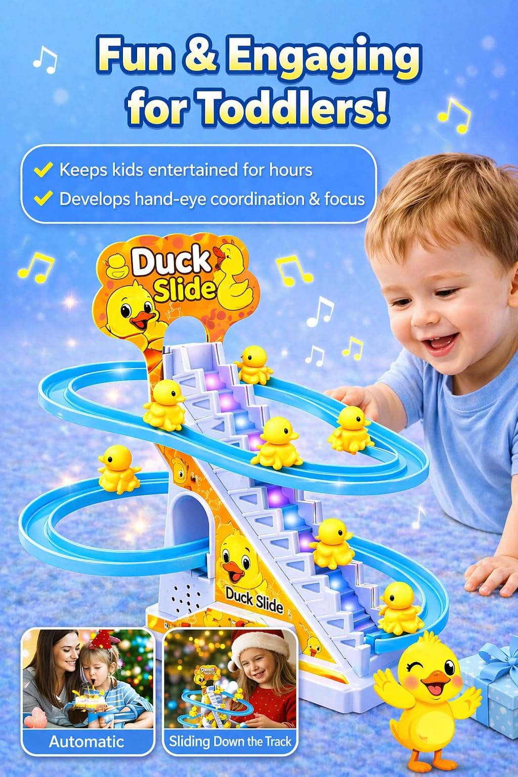 TEC TAVAKKAL Duck Slide Toy Set, Funny Automatic Stair-Climbing Ducklings Cartoon Race Track Set Duck Roller Coaster Escalator Toy with Flashing Lights & Music (Duck Slide Track Set) — Amazon image 3