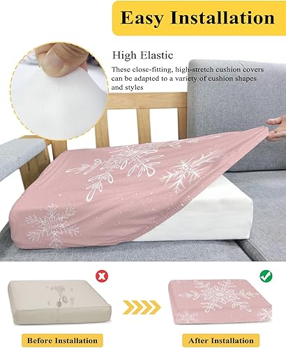 Miniatura 5 de Fundas de cojín para sofá de Navidad con diseño de copos de nieve rosados, funda elástica para sofá con parte inferior elástica, fundas de sofá con