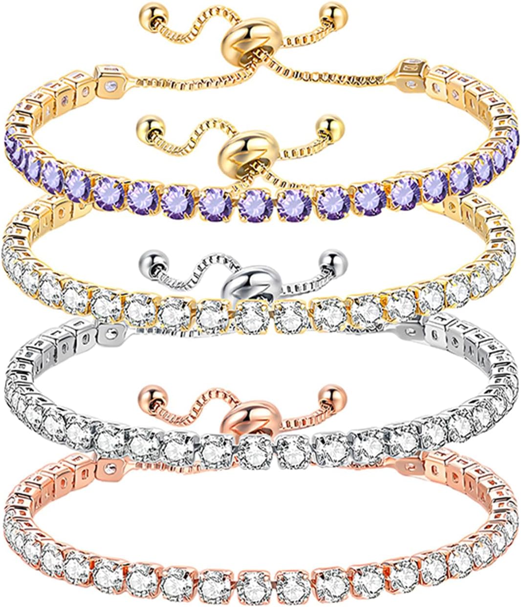 4 Pcs Luxury Adjustable Tennis Bracelet for Women 14K Gold Plated Cubic Zirconia Slider Bracelet Fashion Wedding Christmas Jewelry Gift