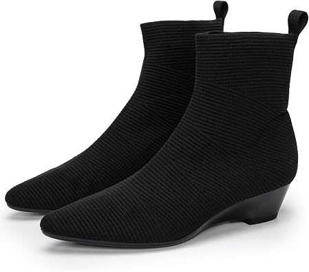 youngshow Womens Pointed Toe Knit Booties, Breathable Slip On Wedge Sock Boots for Spring, Low Heel Casual Dress Work Shoes for Office Travel