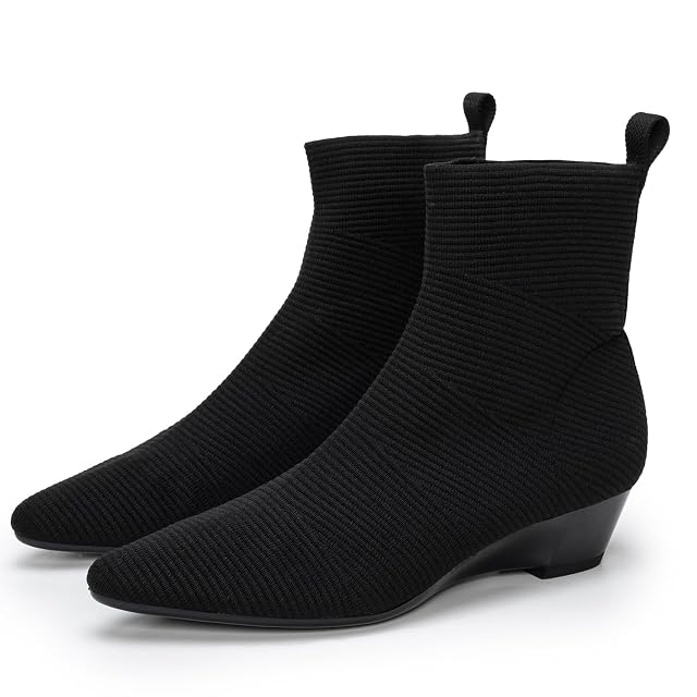 youngshow Womens Booties Comfortable Knitted Low Heel Boots For Women Ankle Booties Pointed Toe Slip On Fall Winter