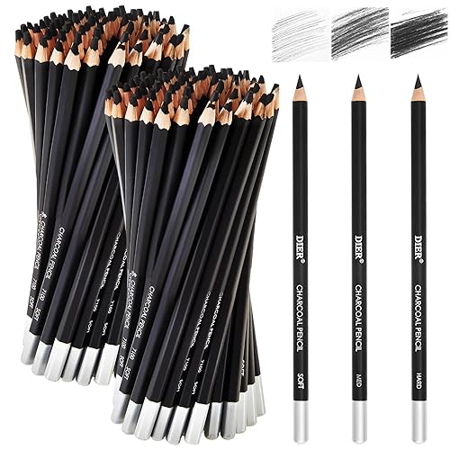 Geyoga 180 Pcs Professional Charcoal Pencils Drawing Set Soft Medium and Hard Charcoal Sketch Drawing Pencils for Beginners Artists Shading Sketching