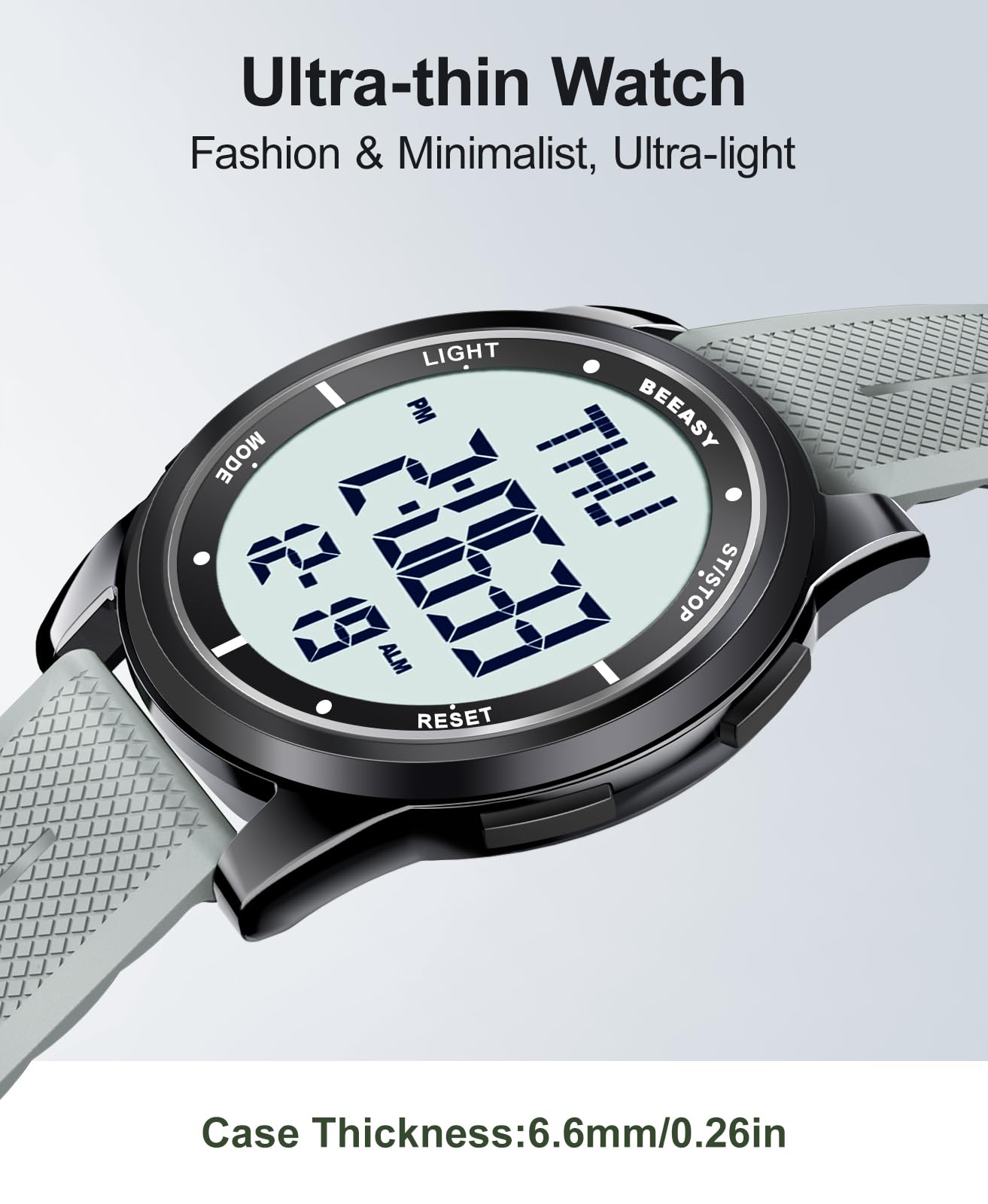 Beeasy Orologio digitale impermeabile con cronometro, sveglia, conto alla rovescia, doppio fuso orario, ultra sottile, super grandangolo, orologio da polso digitale per uomo e donna