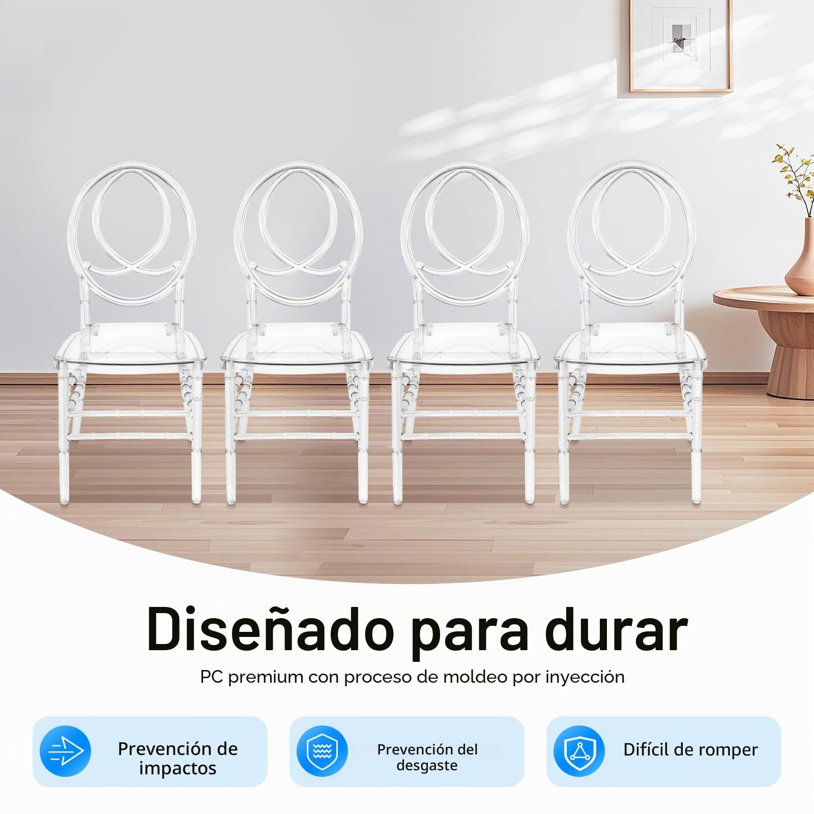 Juego de 4 sillas transparentes, elegantes sillas de policarbonato, apilables, transparentes para salón, banquete, interiores y exteriores (modelo A)