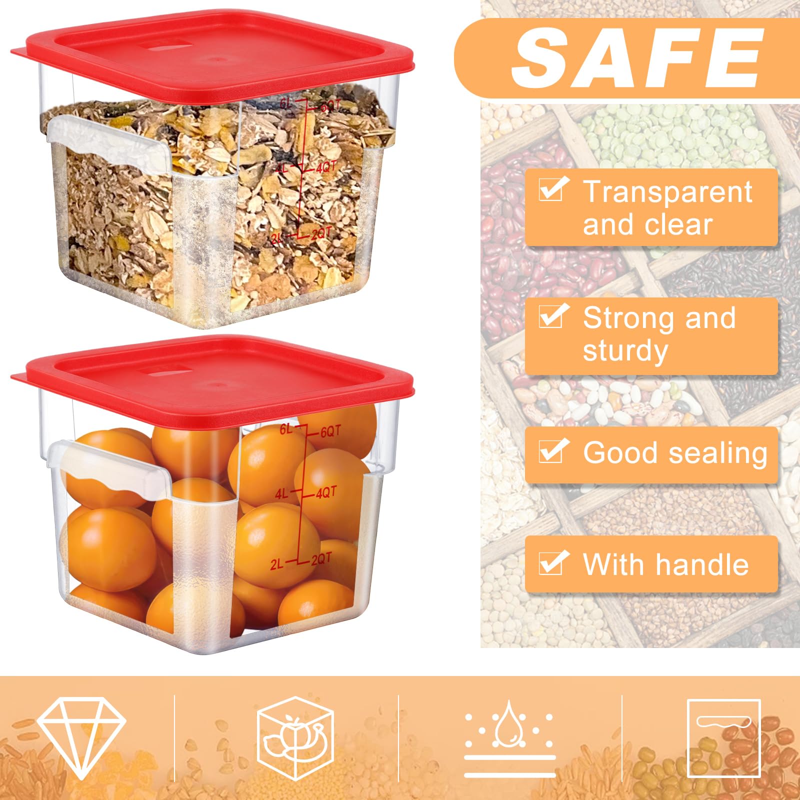 Ziliny 3 juegos de recipientes cuadrados de almacenamiento de alimentos de 6 cuartos de galón con tapas, recipientes comerciales de policarbonato a prueba de masa con escamas transparentes herméticos