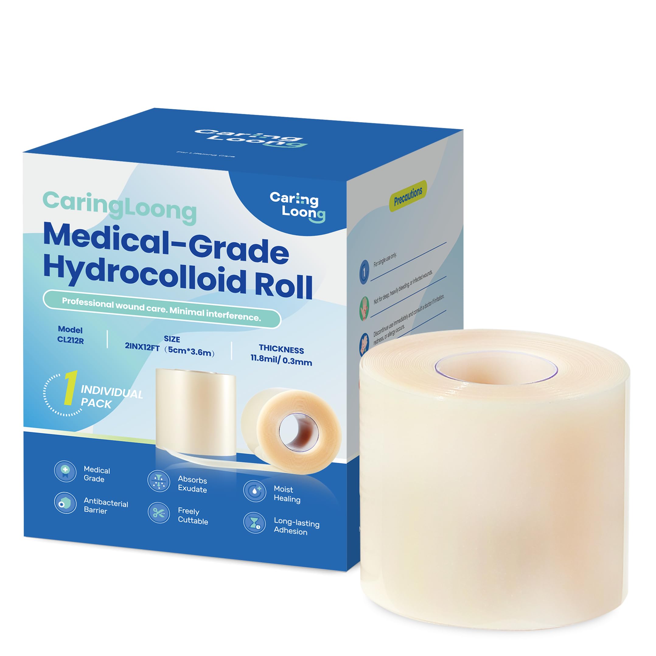 Medical Grade Hydrocolloid Roll for Wound Care - Highly Absorbent for Wound Care, Burn, Blister, Acne, Extra Large Patch with Self-Adhesive, Sterile & Waterproof (2in x 12ft, 11.8mil/ 0.3mm Thickness)