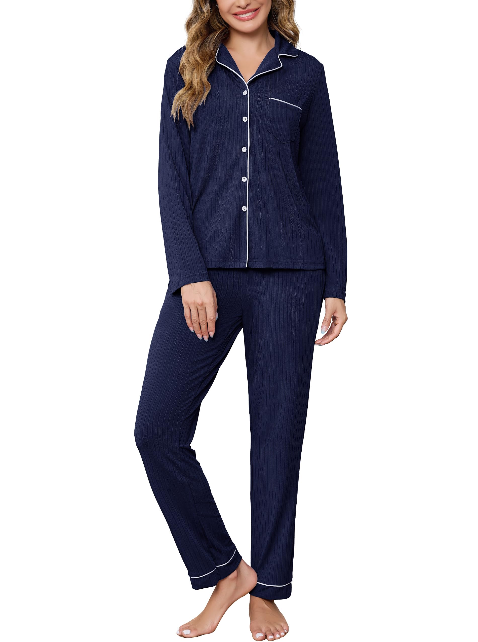 Wikoan Damen Schlafanzug Lang Winter, Zweiteiliger Schlafanzug zum Knöpfen Langarm Pyjama Oberteil und Hose mit Taschen Weich Nachtwäsche Set S-XXL