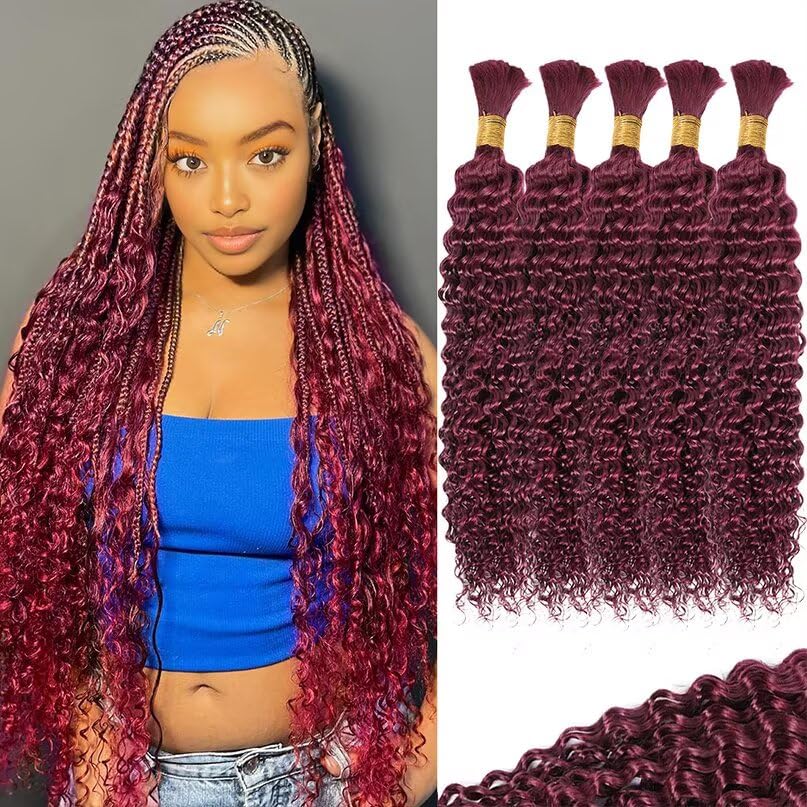 12A 99J Burgundy Red Human Braiding Hair for Boho Braids 5 Bundles 22 Inch 160g Deep Wave Braiding Hair for Bohemian Knotless Braids 100% Unprocessed Brazilian Virgin Bulk Hair Extensions No Weft