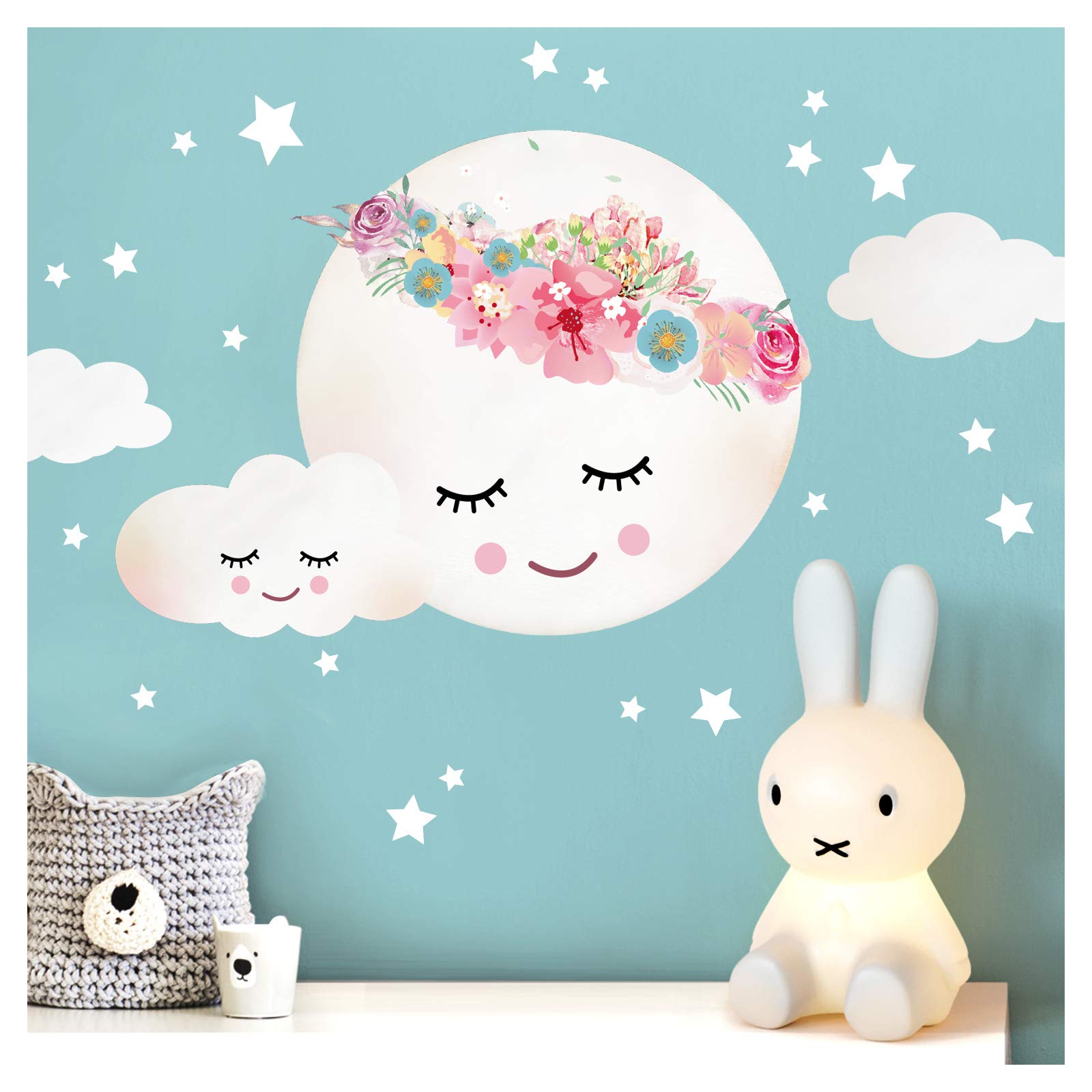 Little Deco DL264 - Adhesivo decorativo de pared para habitación de niños, niñas y bebés con diseño de luna, nubes, estrellas y flores II, autoadhesivo infantil - 65 x 48 cm (ancho x alto)