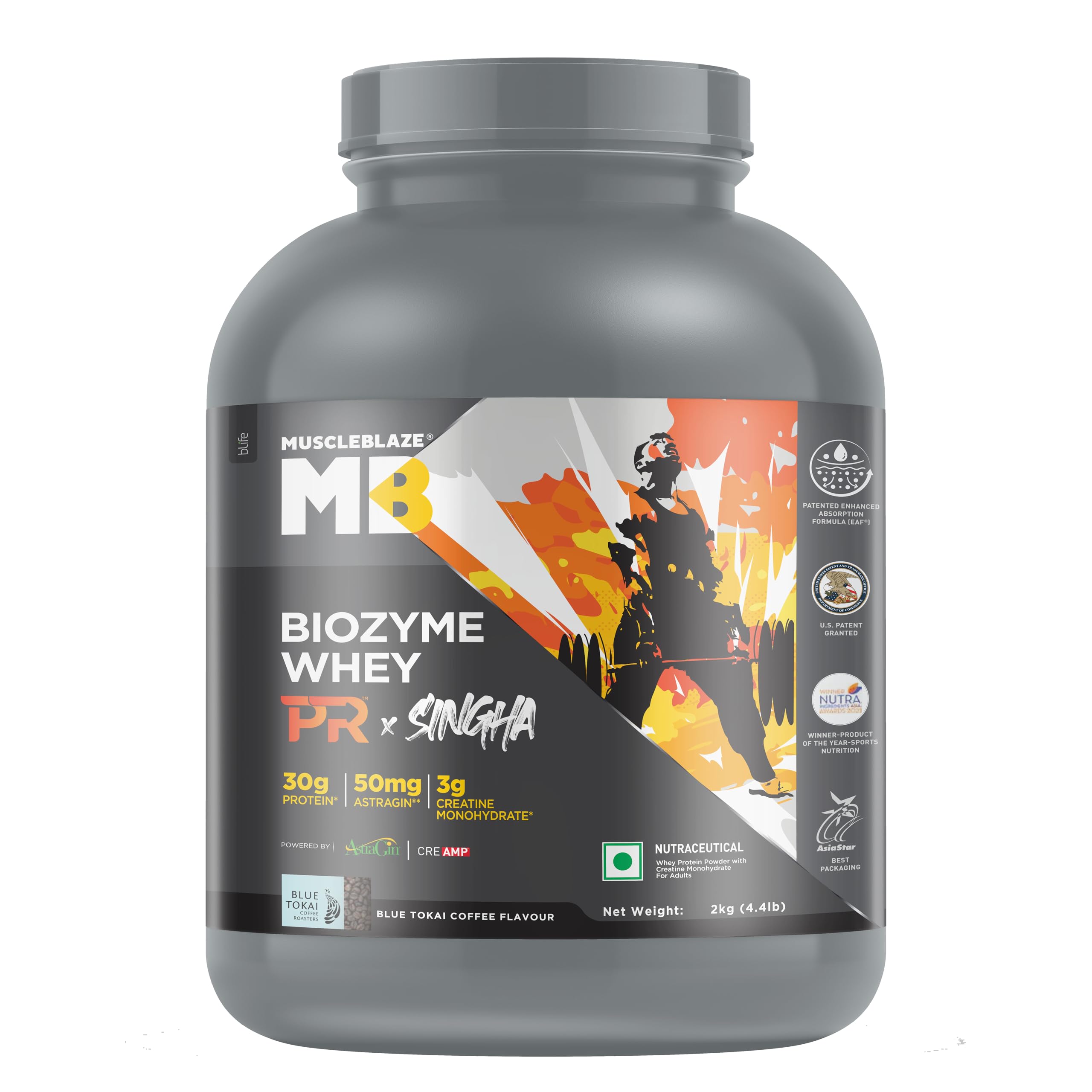 MuscleBlaze Biozyme Whey Protein PR with 30g Protein, 3g Creatine Monohydrate & 50mg AstraGin® (Blue Tokai Coffee, 2kg / 4.4lbs) | Special Singha Edition | Trustified Gold Certified