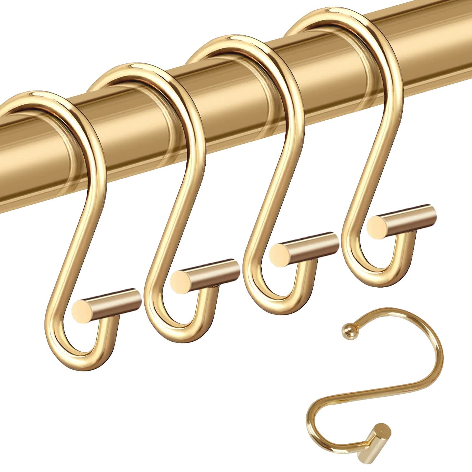 Decorative Shower Curtain Hooks Rust Proof for Bathroom, 12pcs Premium Rust Resistant Hooks Glide Shower Ring Hang Holder T Shape Hooks for Living Room (Gold)