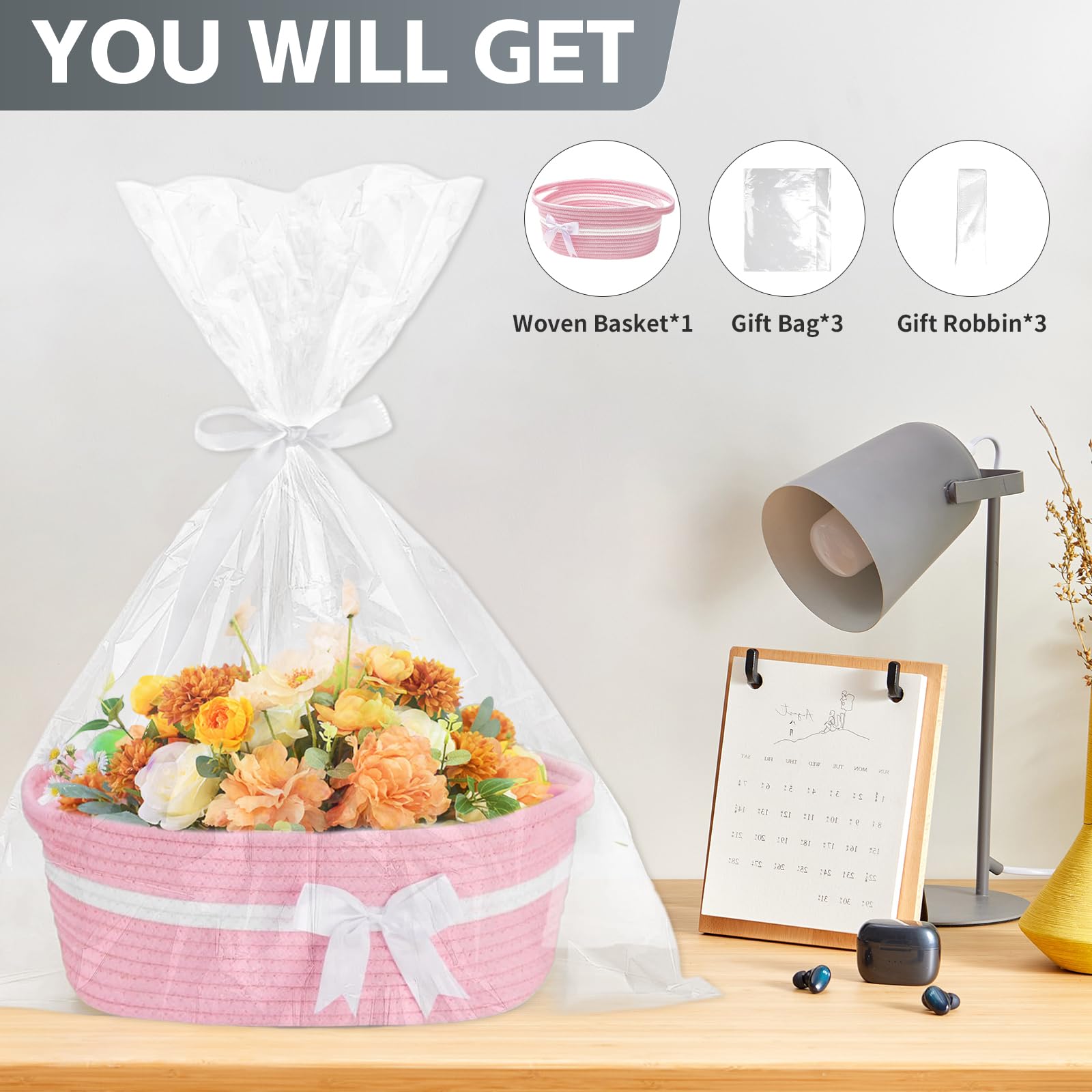 Panier cadeau, panier de rangement ovale tressé vide avec sac cadeau et rubans, panier de rangement pour collations, jouets, cadeaux, anniversaire, Thanksgiving, Noël (rose/blanc)