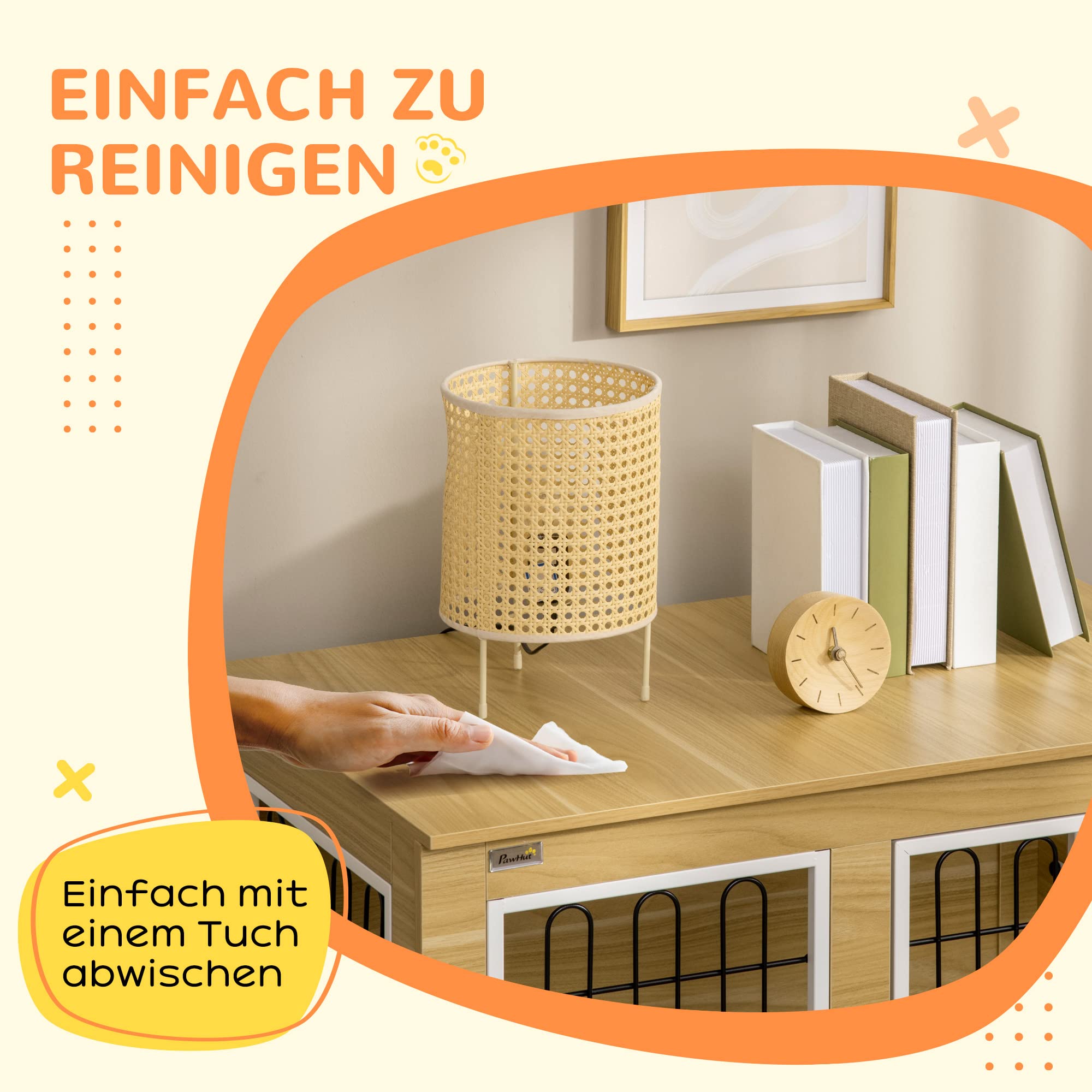PawHut Hondenkooi, meubel met 2 deuren, kussen, 2 vergrendelingen, metaal, hondenbox voor thuis, binnen, hondenhok voor grote honden tot 25 kg, bijzettafel, hondenhuis, 90 x 58 x 65 cm, eiken