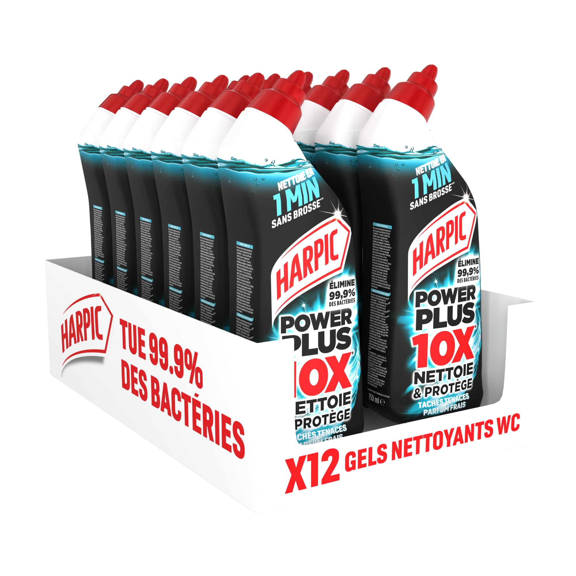 Harpic Gel WC Power Plus nettoyant surpuissant taches tenaces - nettoyant WC antibactérien - efficace sans brosse - lot de 12