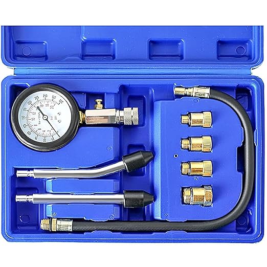 DASBET 8PCS Petrol Engine Cylinder Compression Tester Kit | Compression Tester Kit with Pressure Gauge for Petrol Gas Engine Automotive Tool Gauge 0-300 PSI for Cars Motorcycles (Blue)