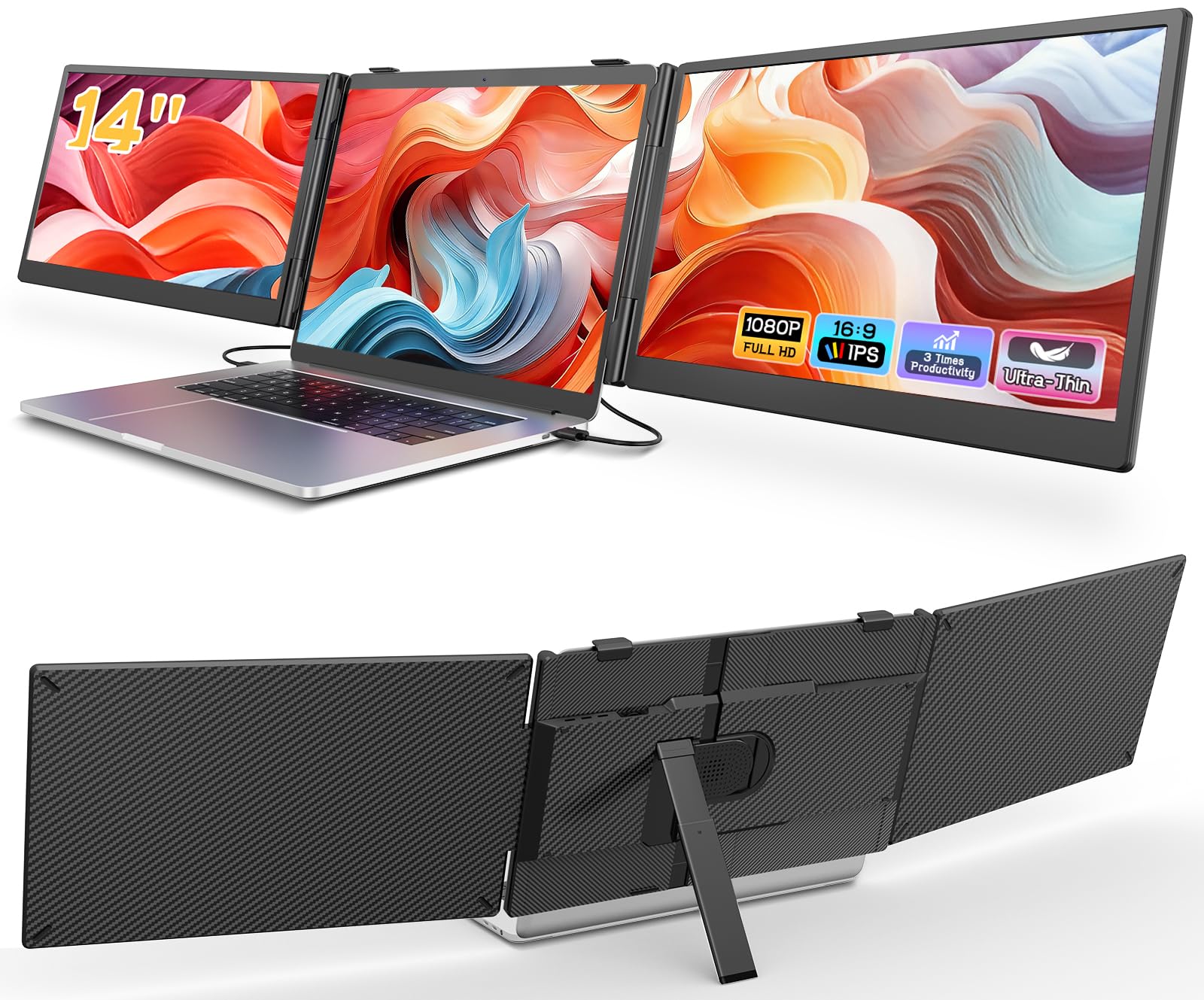 Photo 1 of Laptop Screen Extender, 14'' FHD 1080P Ultra-Slim Triple Portable Monitor for Laptops, Two Cable USB-C Travel Monitor Extender Plug & Play for 13"-17" Laptop, Compatible with Wins/Mac/Android/Chrome