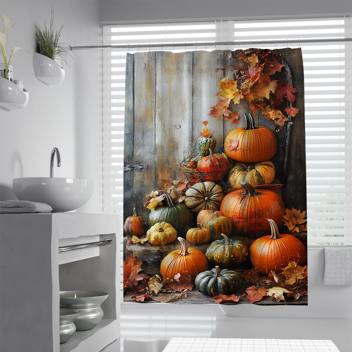 Cortina de Ducha Calabaza Otoño Rústica Madera Puerta Deko 180x200cm