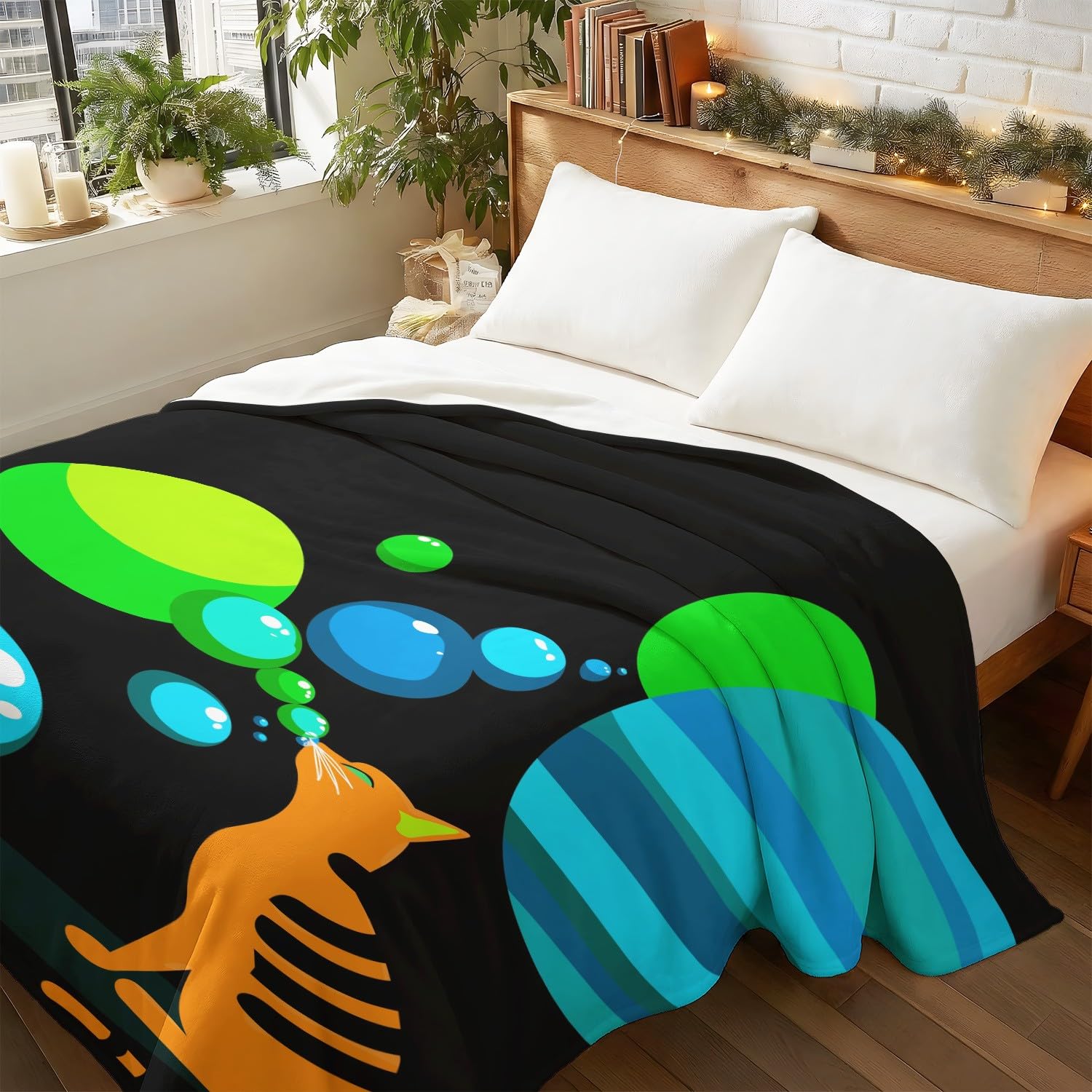 Coperta di cartone animato fantascienza gatto pianeti universo bolle al neon surrealistiche per donna uomo, coperta in peluche super morbida in flanella, decorazione per la cameretta dei bambini, 180