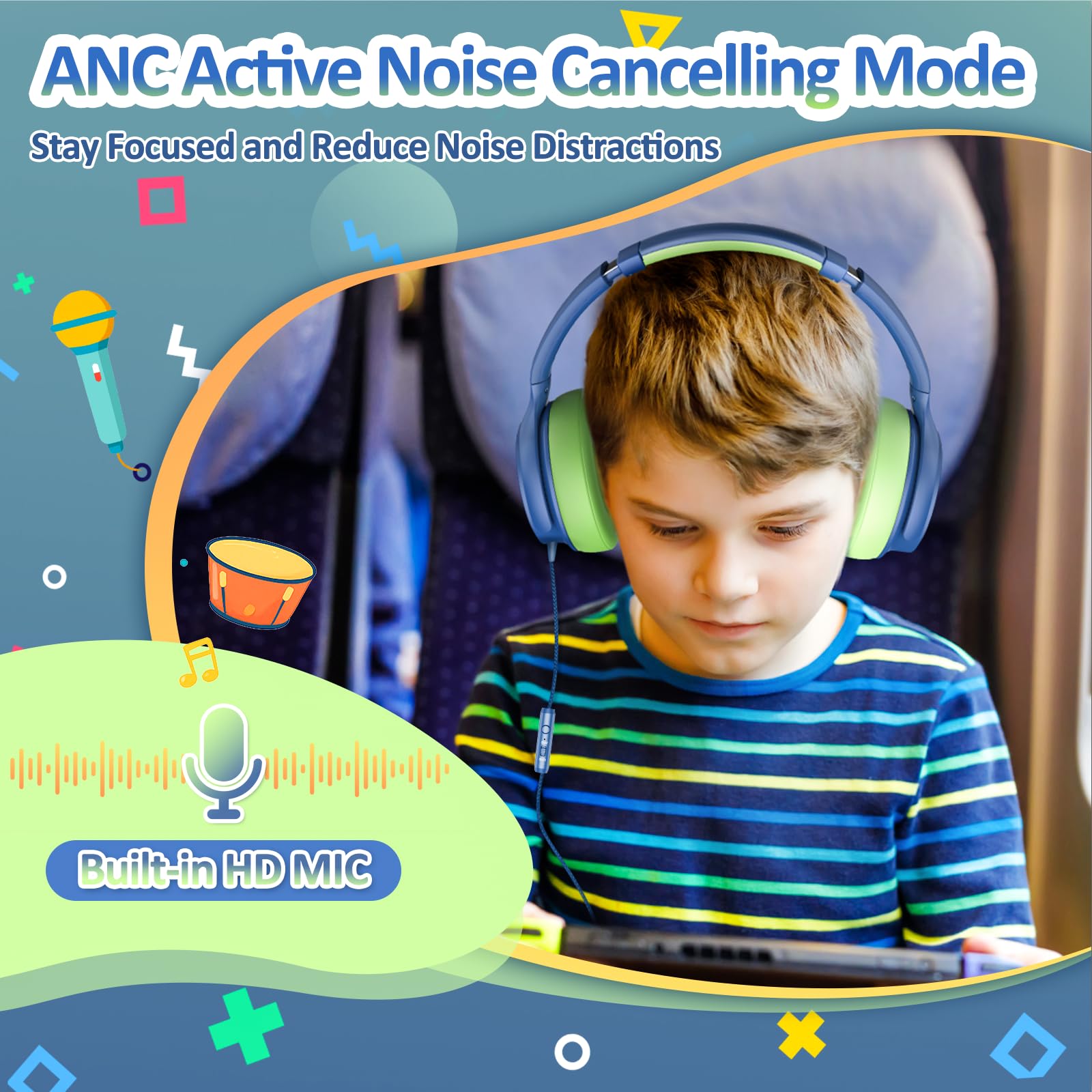 Auriculares USB C para niños, auriculares con cancelación activa de ruido para niños, volumen seguro, micrófono HD, sonido estéreo para niñas y niños, cable sin enredos para tablet, laptop, escuela