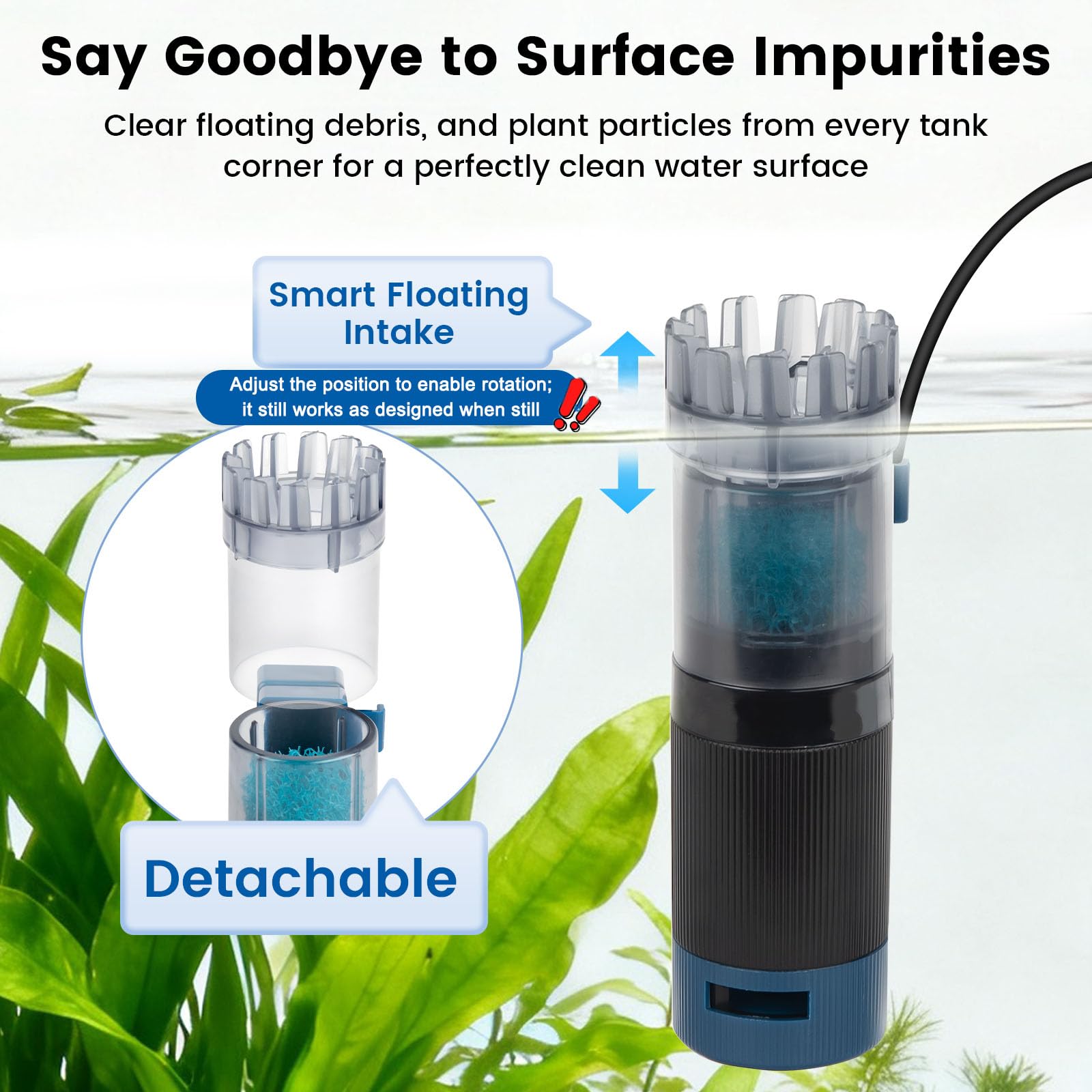 Écumoire de surface pour aquarium, débit de 90 GPH – Idéal pour l'eau douce et l'eau salée – 5 W – Élimination efficace des déchets