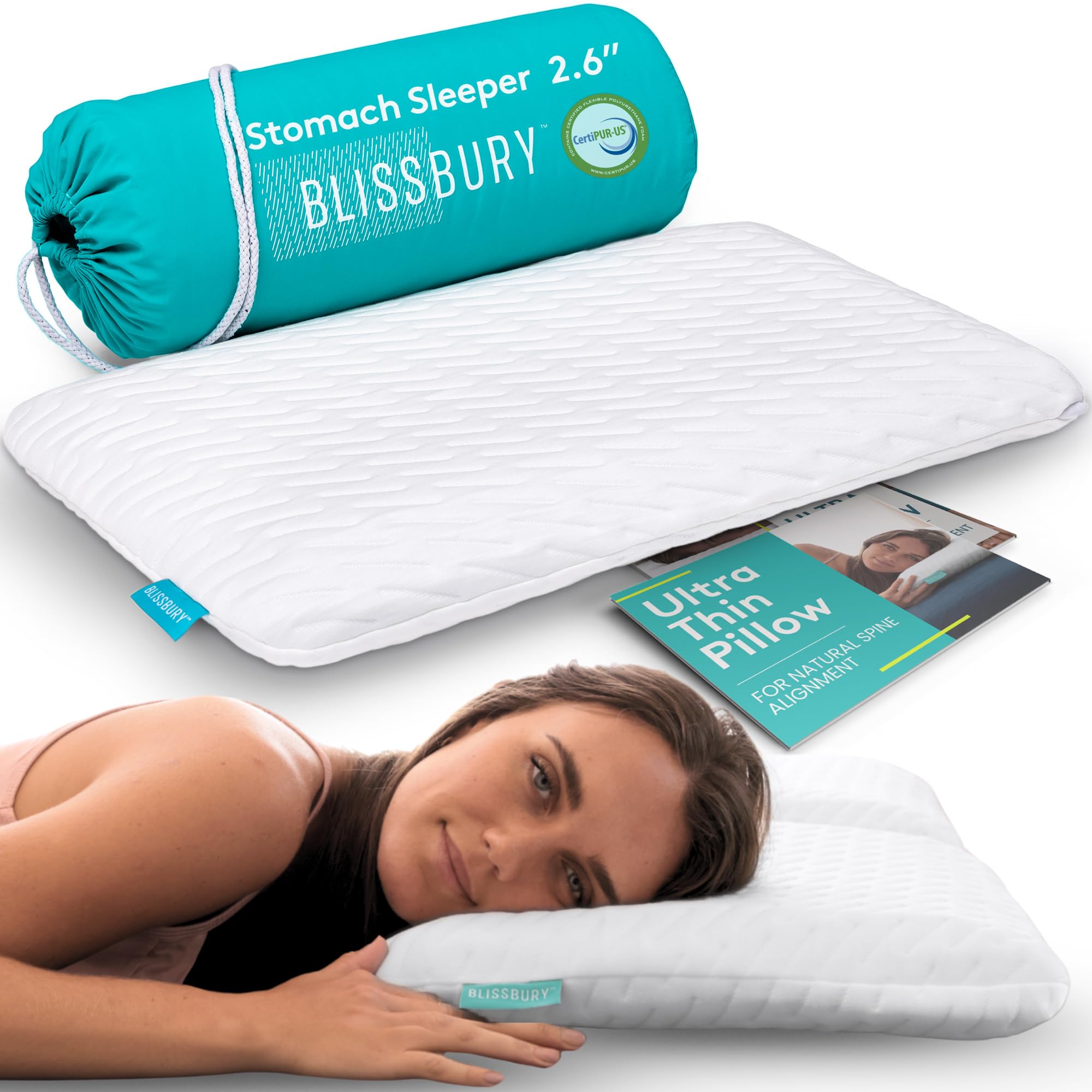 BLISSBURYStomach Sleeping Pillow – Ultra Thin 2.6" Memory Foam for Neck and Cervical Support | Flat Pillow for Belly Sleeper | Low Loft Design for Comfort and Better SleepOEKO-TEX STANDARD 100