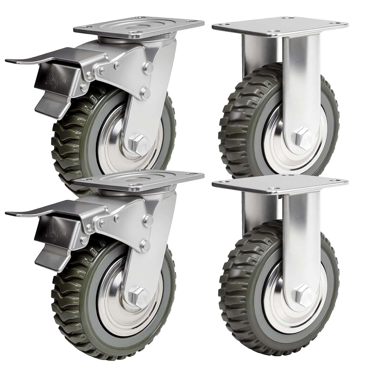 TAIMIKO Lot de 4 Roulette Charge Lourde 150 mm, Capacité de Charge 1000 kg, Roulettes de Transport en Caoutchouc Rotatives à 360°, 2 Roulette Pivotante Avec Frein + 2 Roulettes Fixes