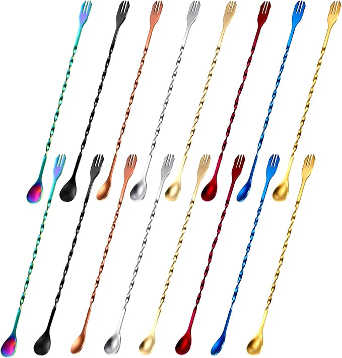 Boao 16 Pcs 10 Inch Long Bar Spoon Cocktail Spoon Stirring Mixing Long Stainless Steel Spiral Pattern Cocktail Stirrers Spoons (Multicolor)