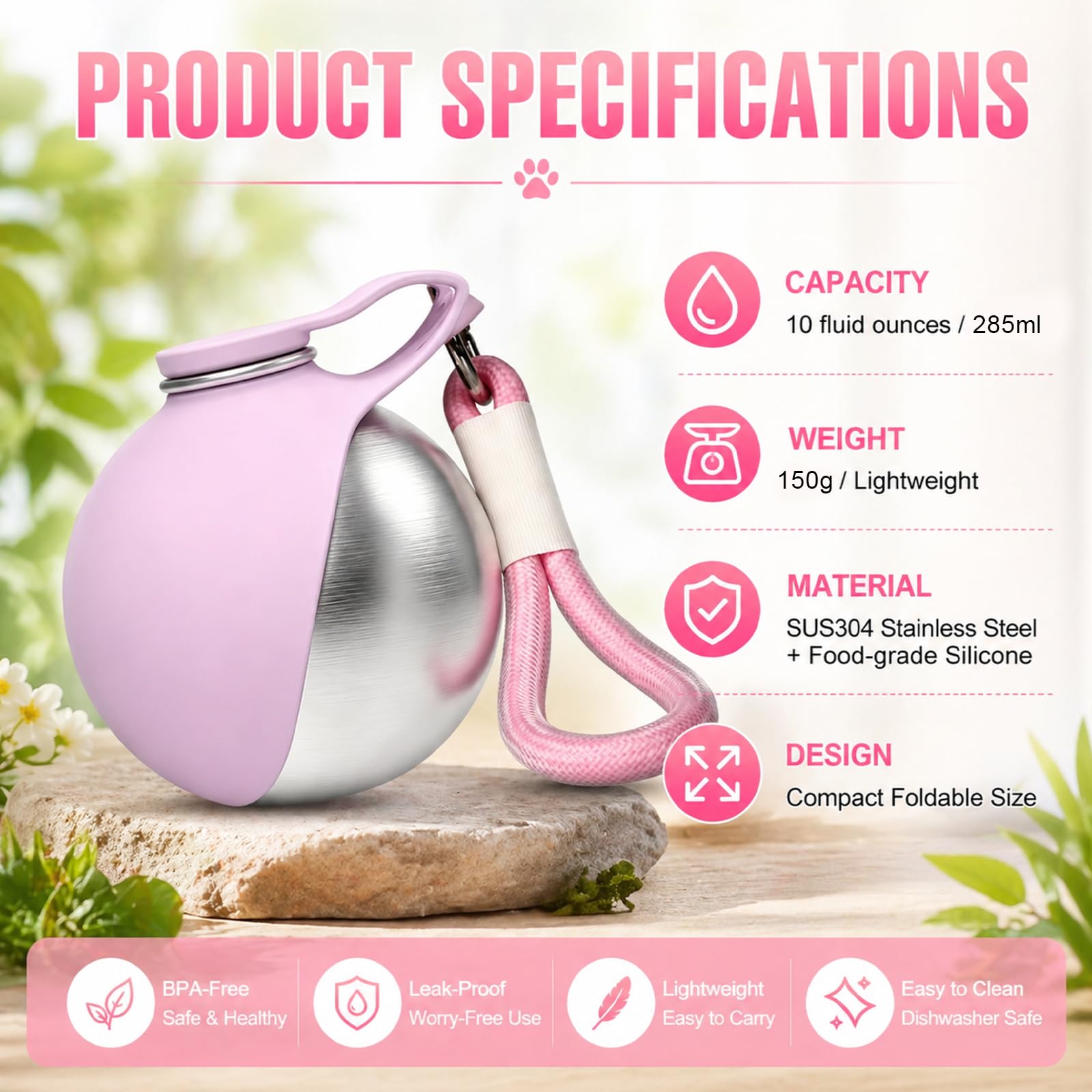 Botella para Perros para Viajes, de Acero Inoxidable, Botella portátil para Beber 285 ml, diseño de Silicona Plegable, Ideal para Paseos al Aire Libre y Caminatas