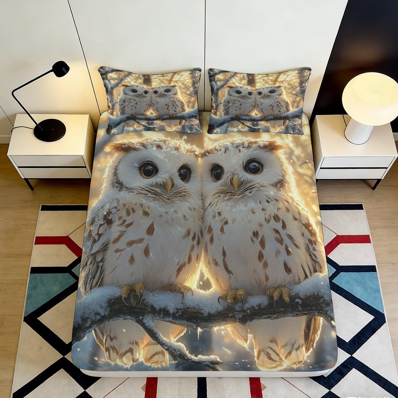 3D Printed Owl Forest Fitted Sheet Microfiber Soft Breathable Tree Branch Mattress Cover for Bedroom Dorm Decor 90x200x25cm