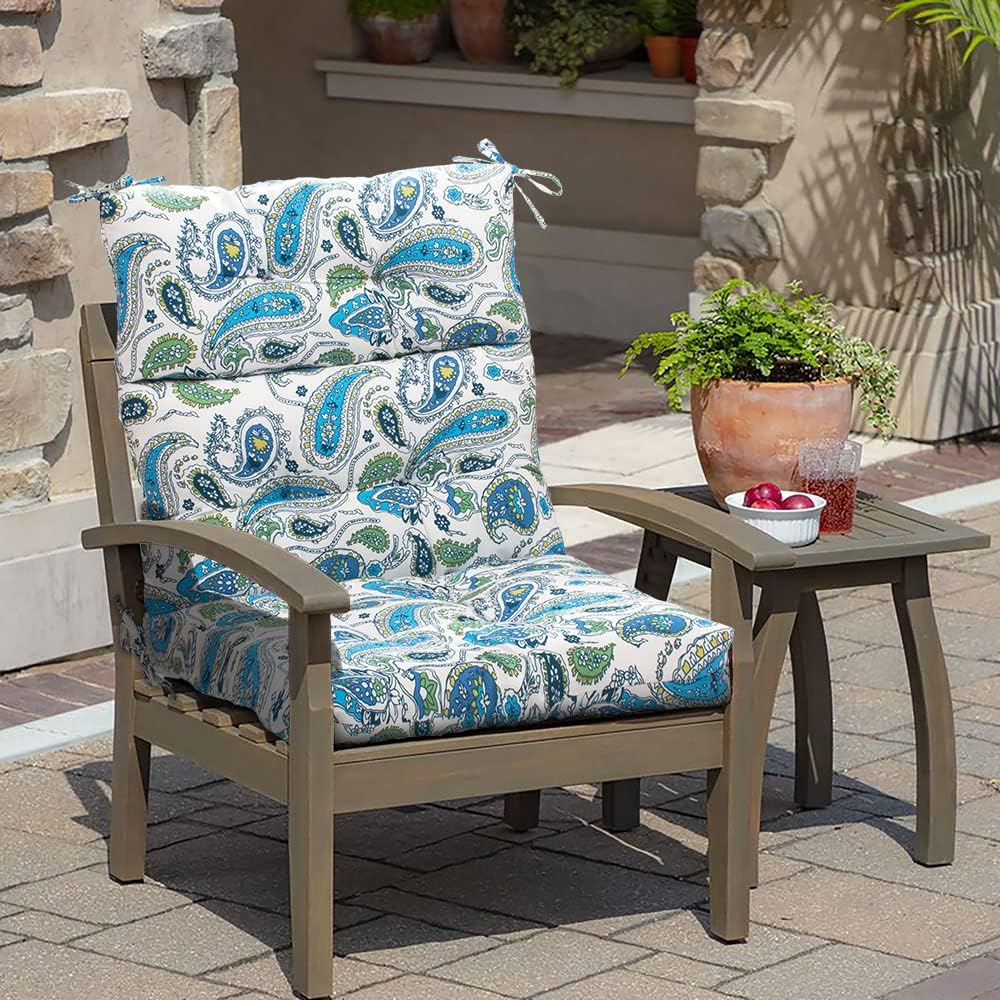 Magpie Fabrics Indoor/Outdoor Tufted High Back Chair Cushion Set of 2, Waterproof Deep Seating Rocking Chair Outdoor Chaise Lounge Sun Lounger Chair Cushions(Paisley Blue)