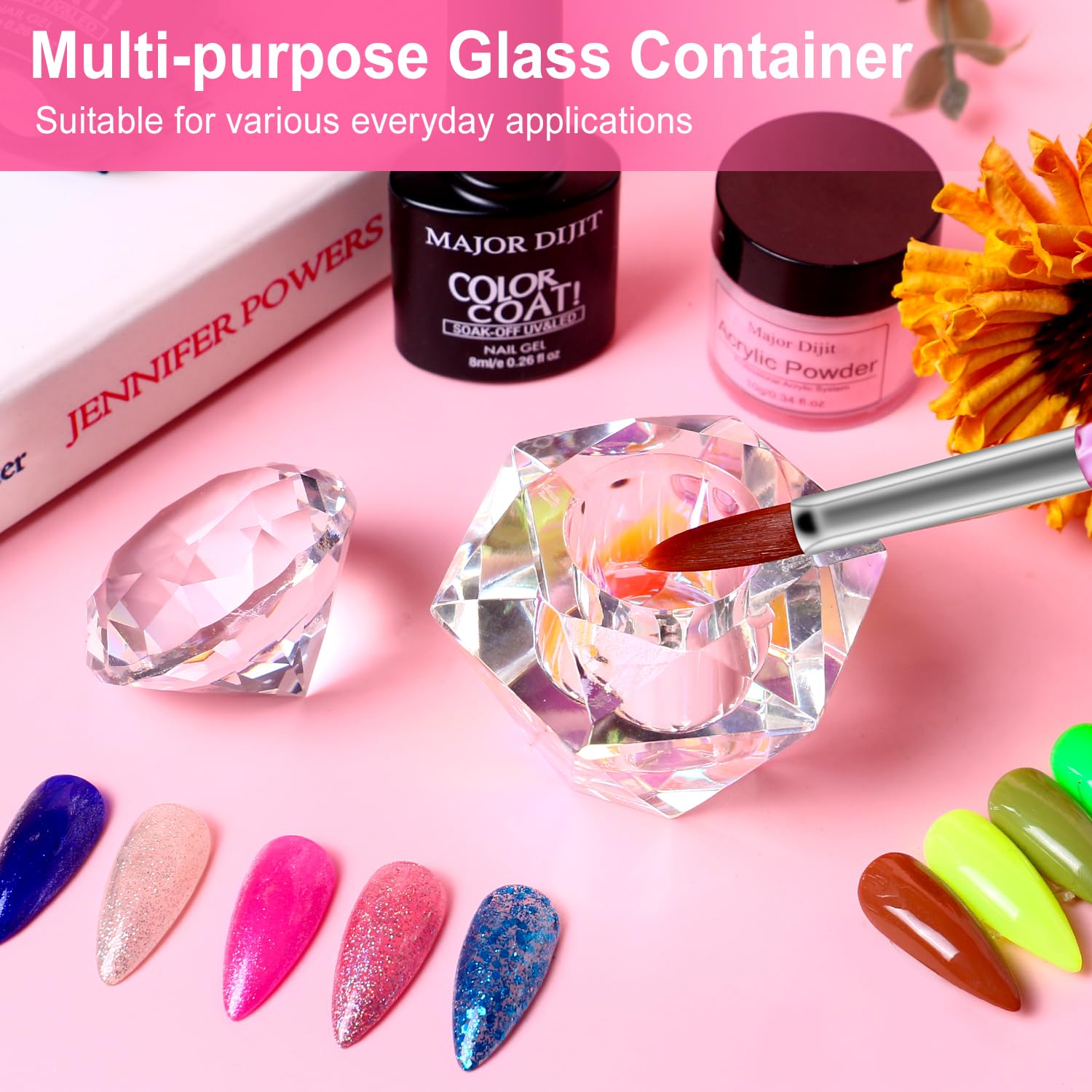 Dappen Dish with Lid Diamond Styling Design Crystal Glass Monomer Dampen Dish Holder for Nail Acrylic Liquid & Powder (6-Clear)