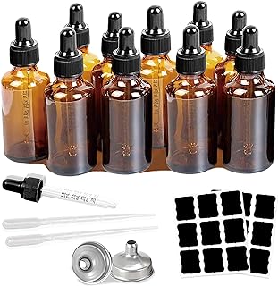10 Pack,2 Oz Tincture Bottles With Dropper,2 oz Amber Glass Dropper Bottle with Measured Eye Dropper,2 Funnels & 16 Labels,60ml Empty Oil Dropper Bottle Brown for Essential Oils,Serum,Liquids