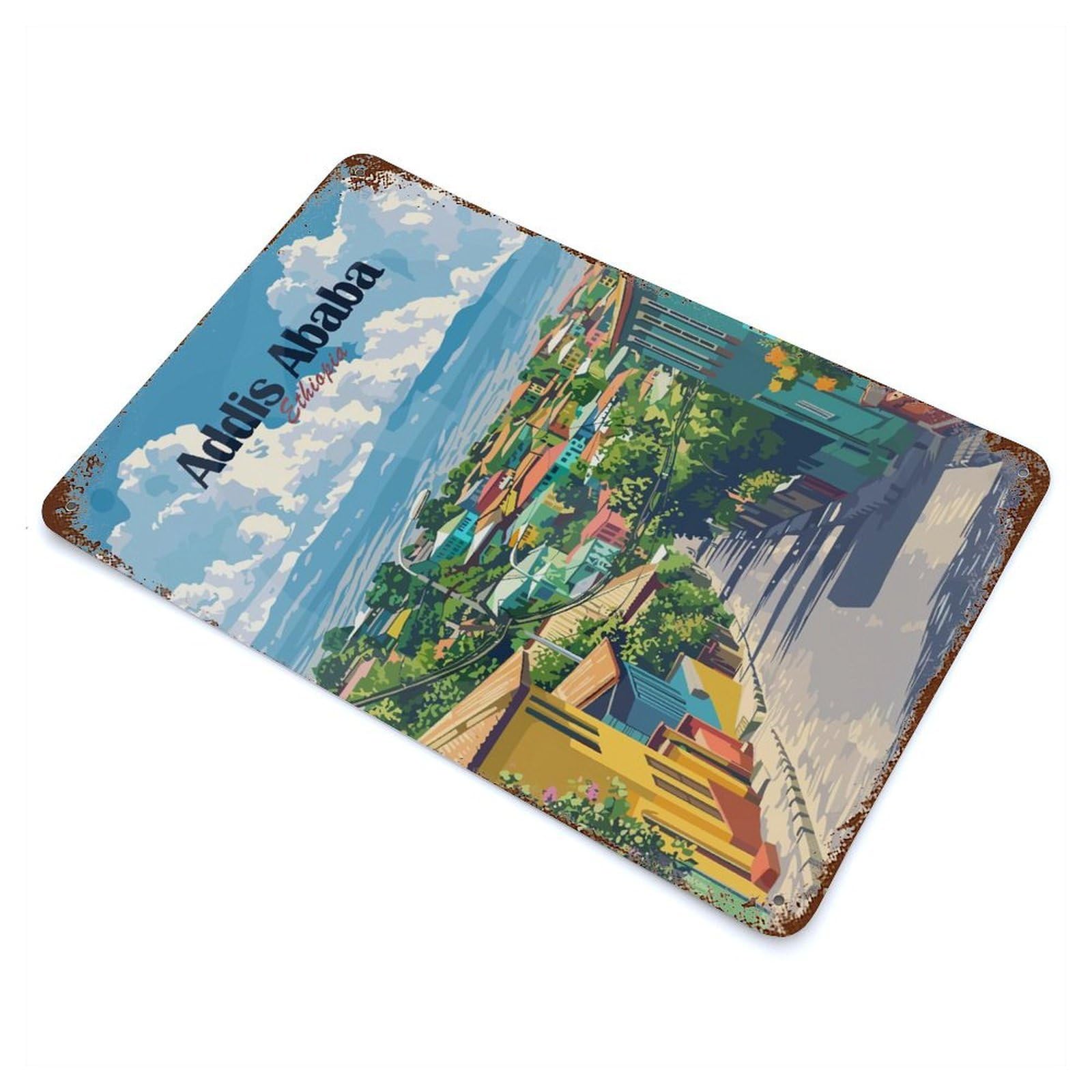 Addis Ababa Cityscape Weathered Tin Sign 11.8"x7.9", Ideal for Basement, Hobby Room And Garage Decor