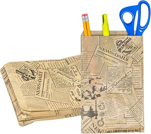 Novel Box - Paquete de 100 bolsas planas de mercancía con estampado de papel de estraza de periódico de 6 x 9 pulgadas, elegante bolsa para regalos