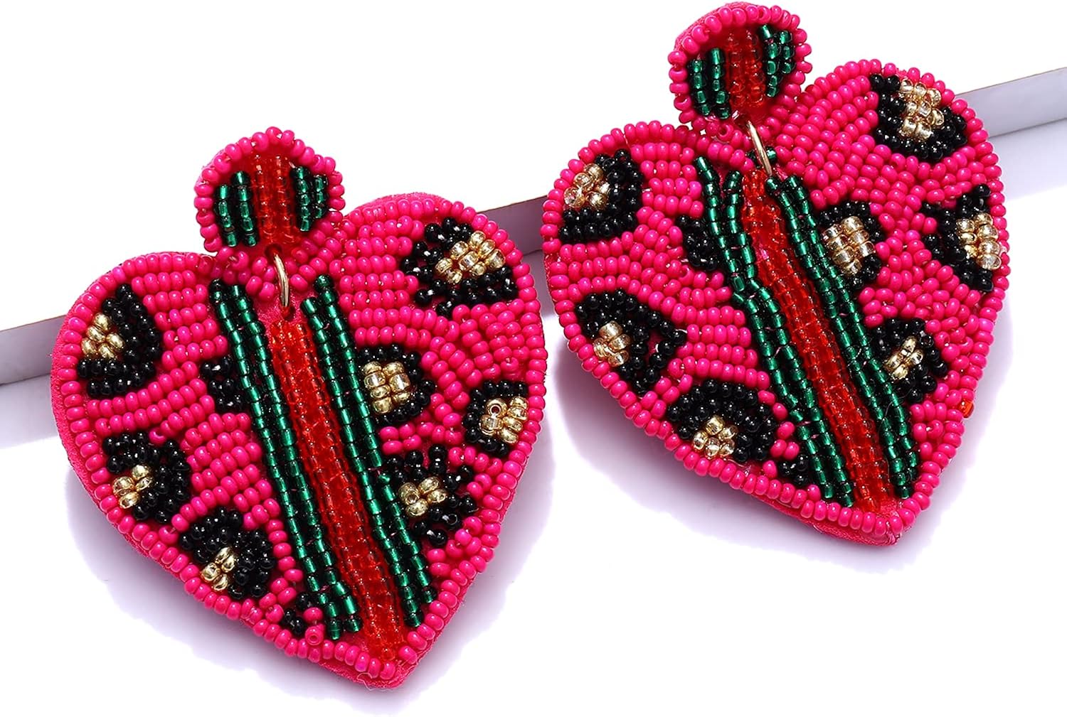 Beaded Dangle Earrings for Women Leopard Pattern Bead Heart Earrings Boho Statement Drop Earring Studs for Holiday Birthday Valentine’s Day Gifts