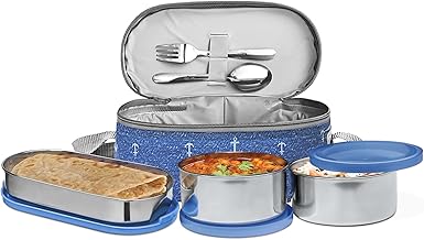 MILTON Corporate Lunch Box Stainless Steel Tiffin (2 Round Container 280 ml Each and 1 Pc Oval Container 500 ml) with Bag, Leak Proof & Airtight Containers with Spoons, Blue