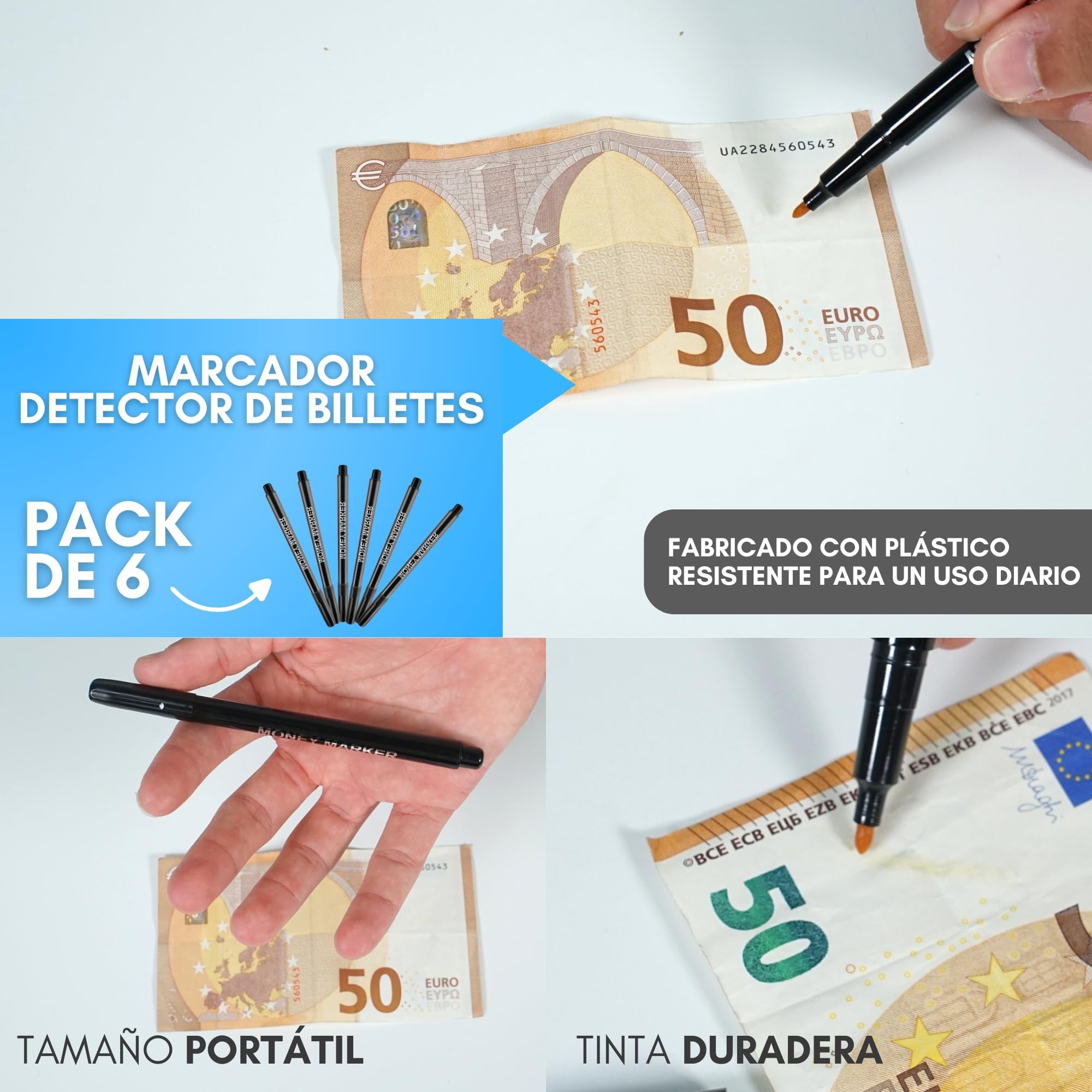 Rotulador Detector de Billetes Falsos 6 Uds Comprobación Rápida Euros Dólares Libras