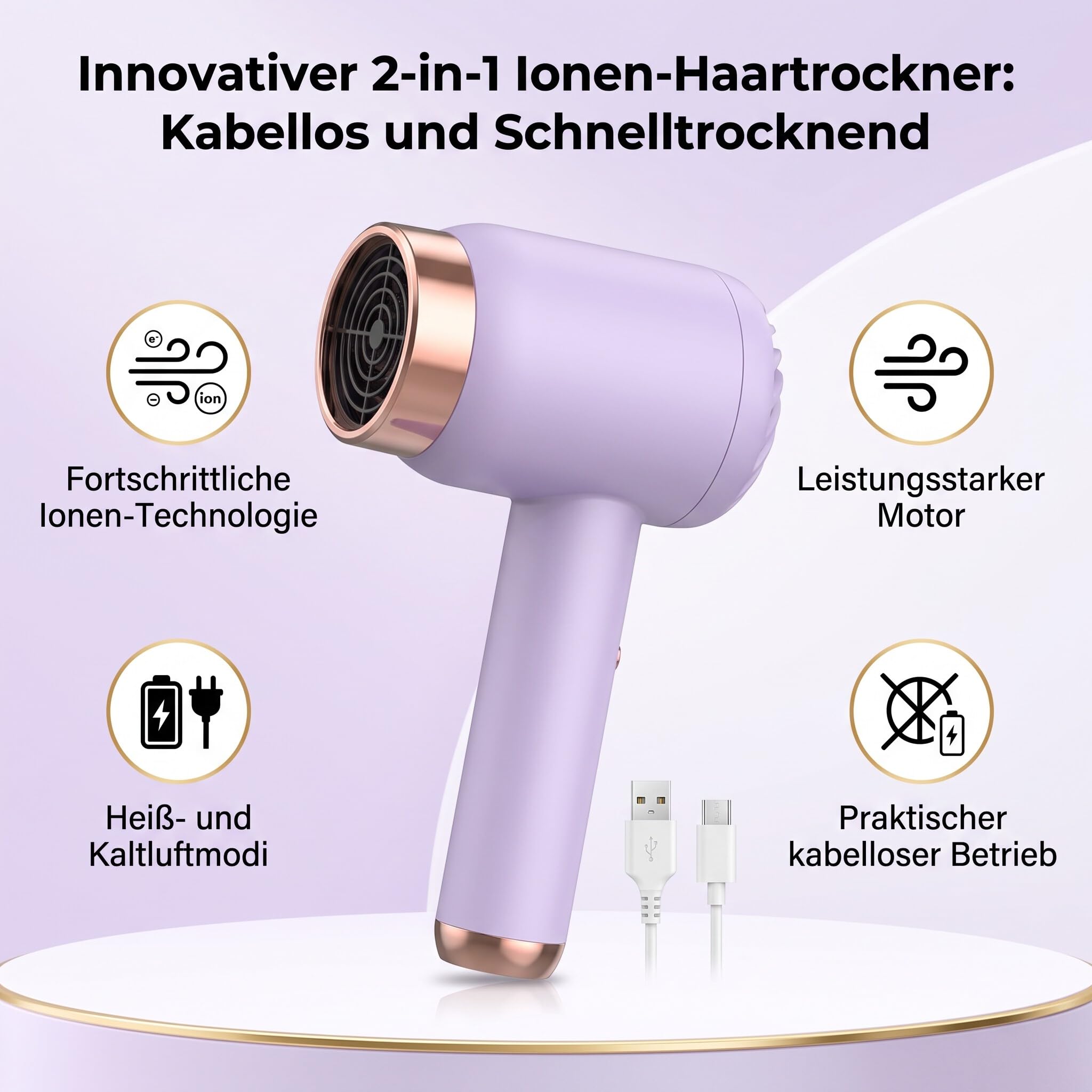 Ionen-Haartrockner, 1500mAh kabellos, fortschrittliche Ionentechnologie, heiß/kalt Schnell­ trocknend Reise-Haartrockner für Frauen/Männer für Zuhause, mit Diffusor (PURPLE)