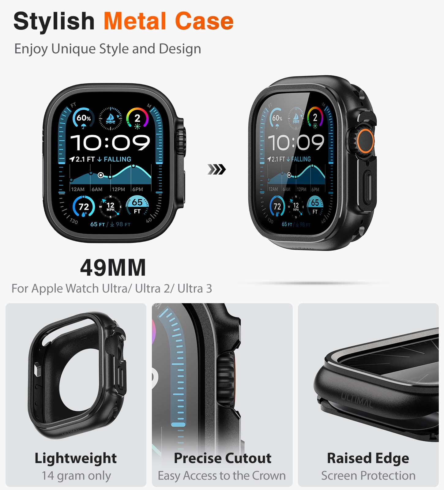 ULTIMAL Coque de montre compatible avec Apple Watch Ultra 3/Ultra 2/Ultra, coque de protection antichoc de qualité militaire améliorée, compatible avec iWatch 49 mm (noir, 49 mm)
